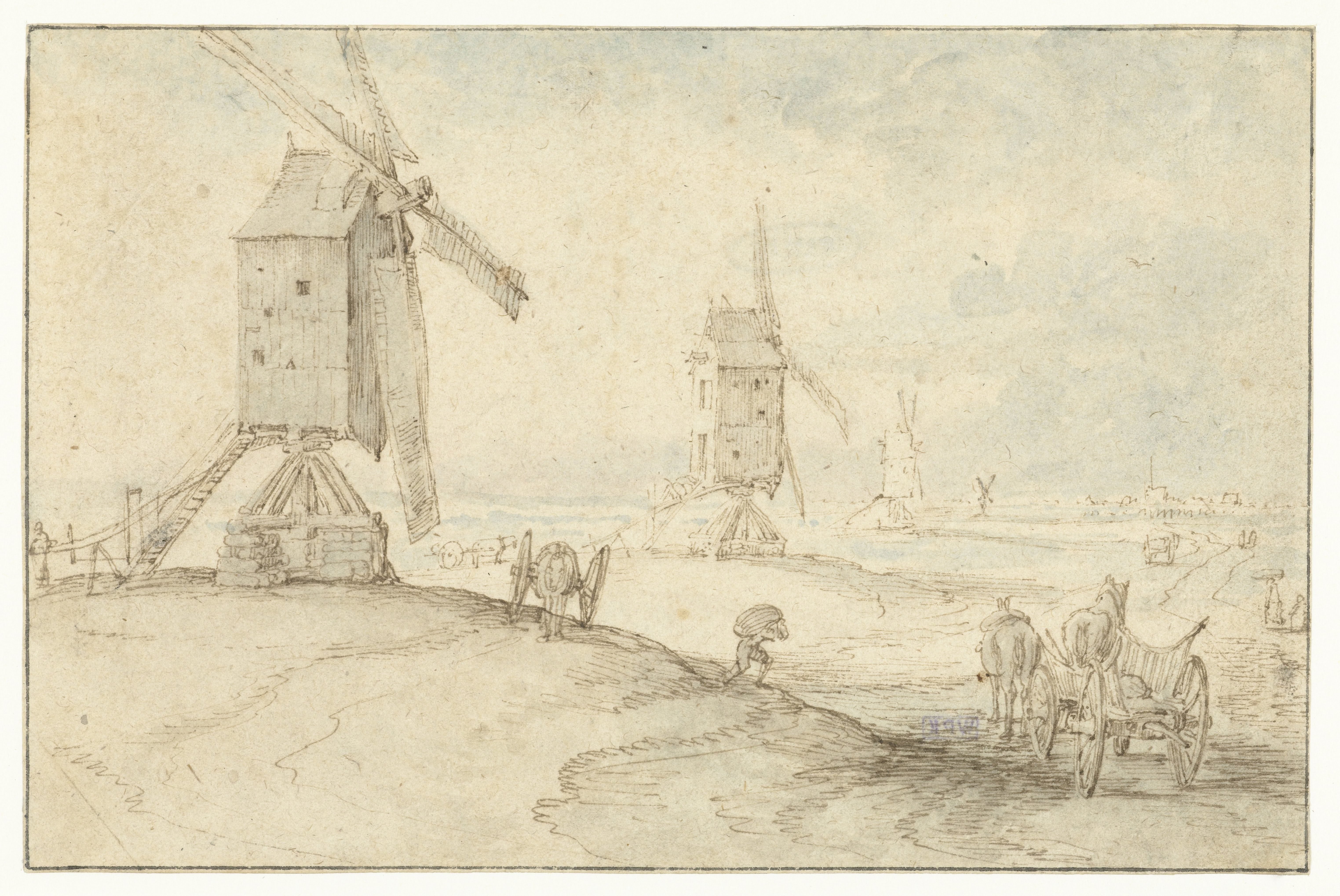 Vier molens langs een weg