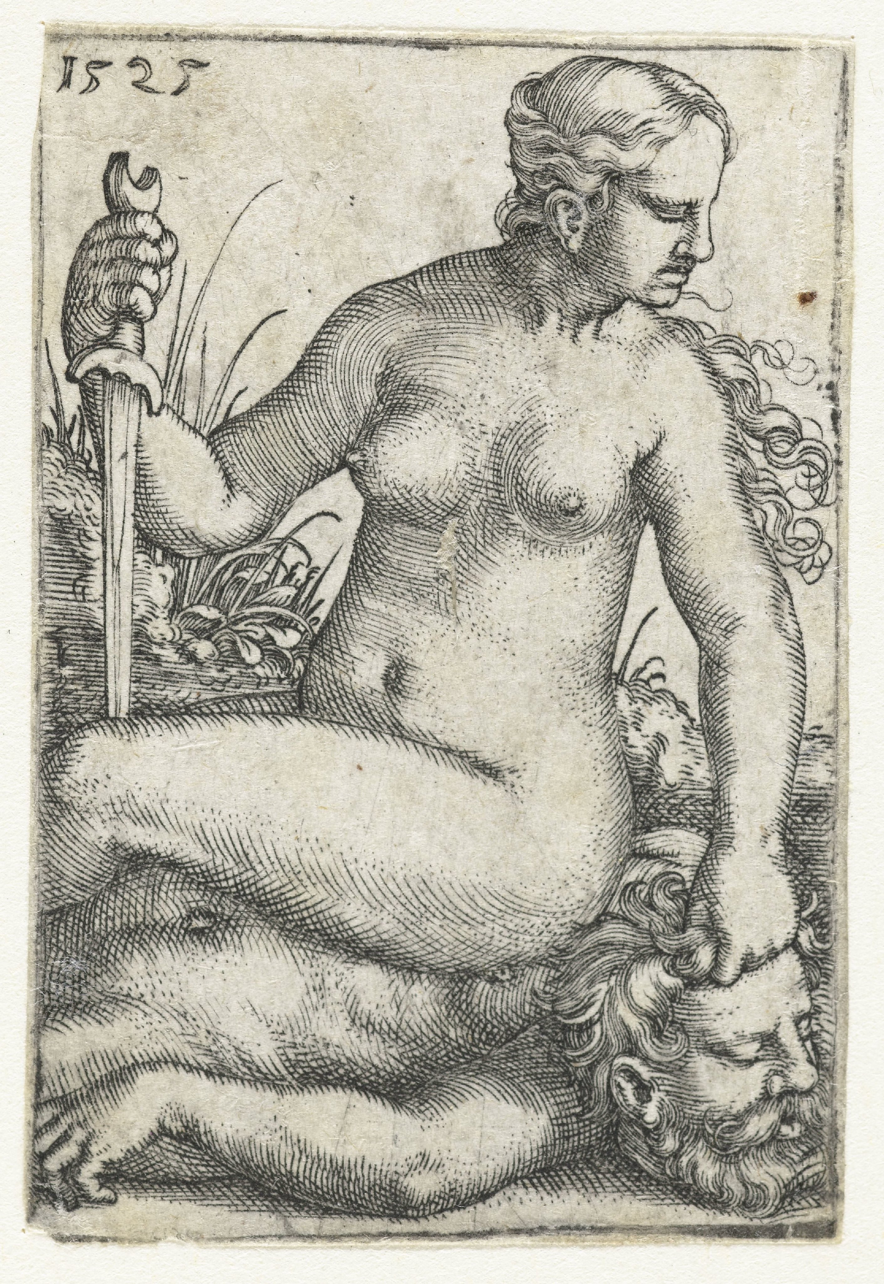 Judith met zwaard zittend op het onthoofde lichaam van Holofernes
