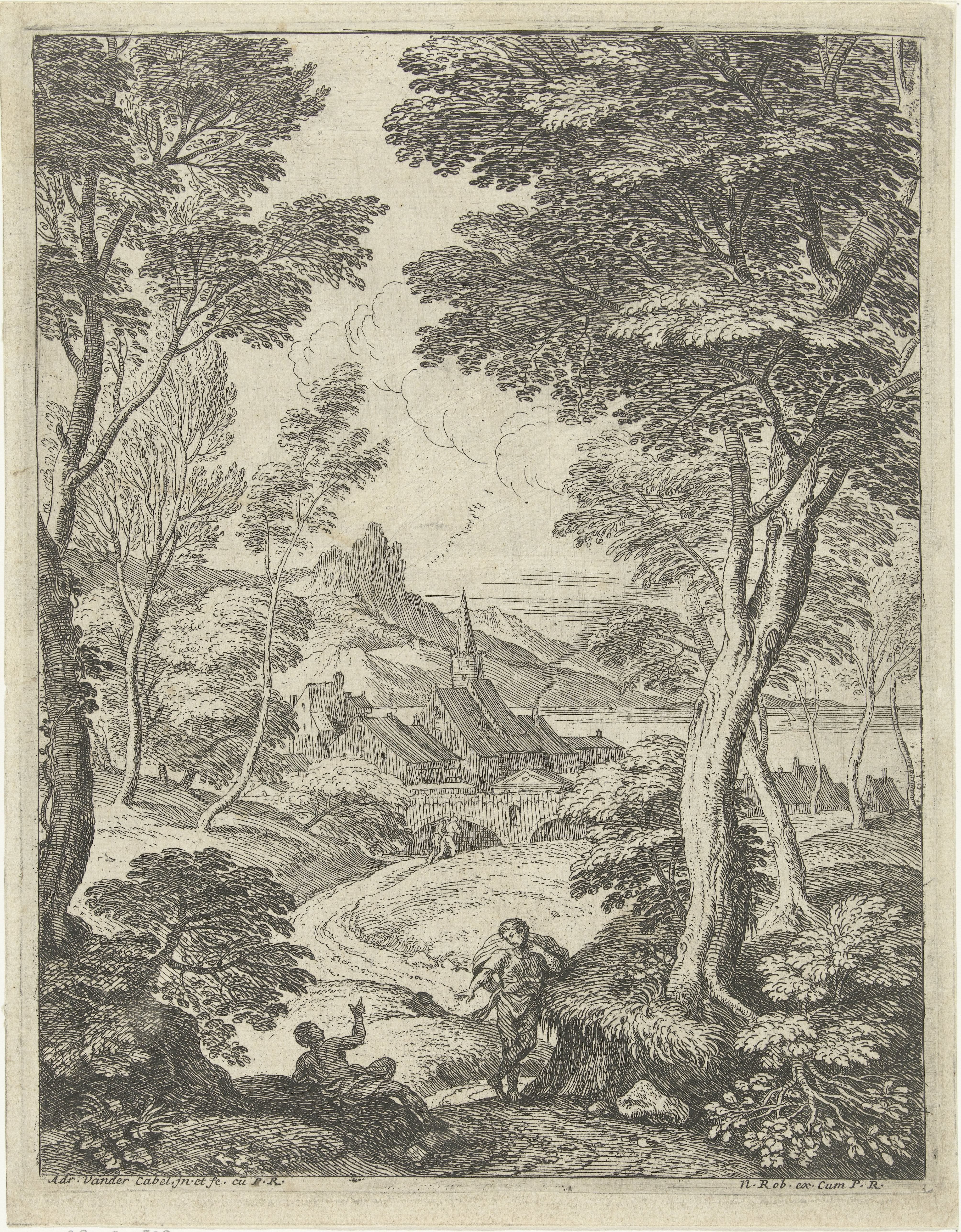 Landschap met spitse toren