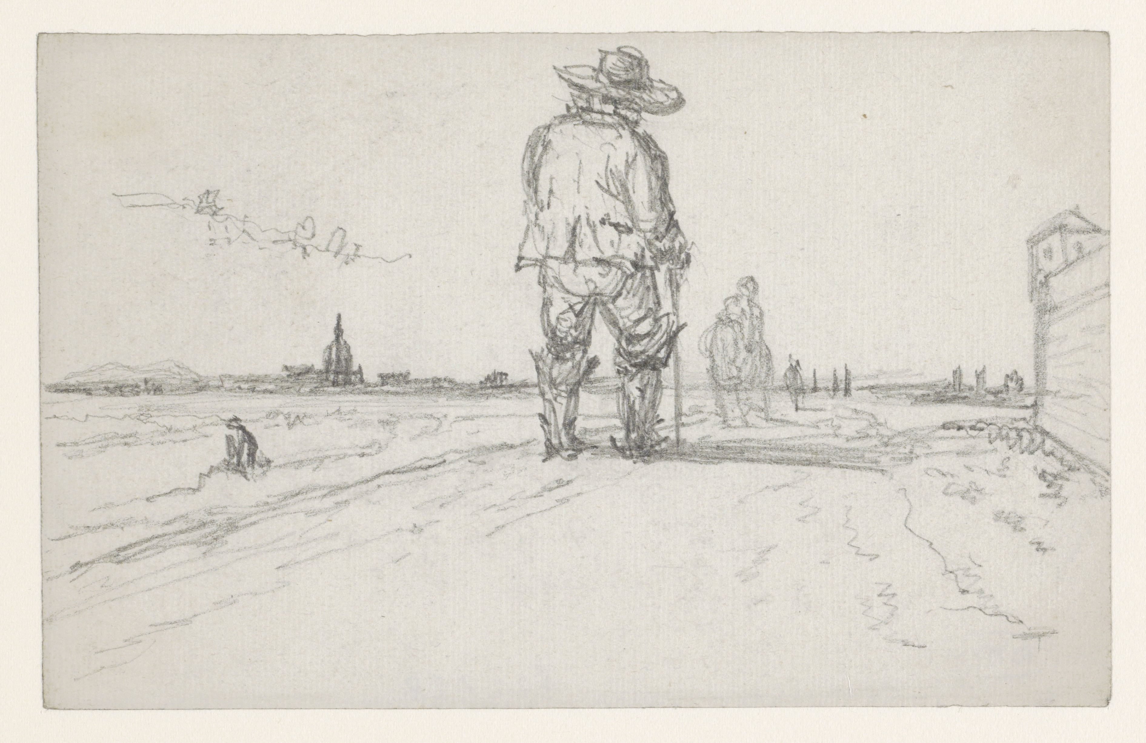 Landweg in de omgeving van de stad met wandelaar van achteren gezien; links de koepel van de Invalides
