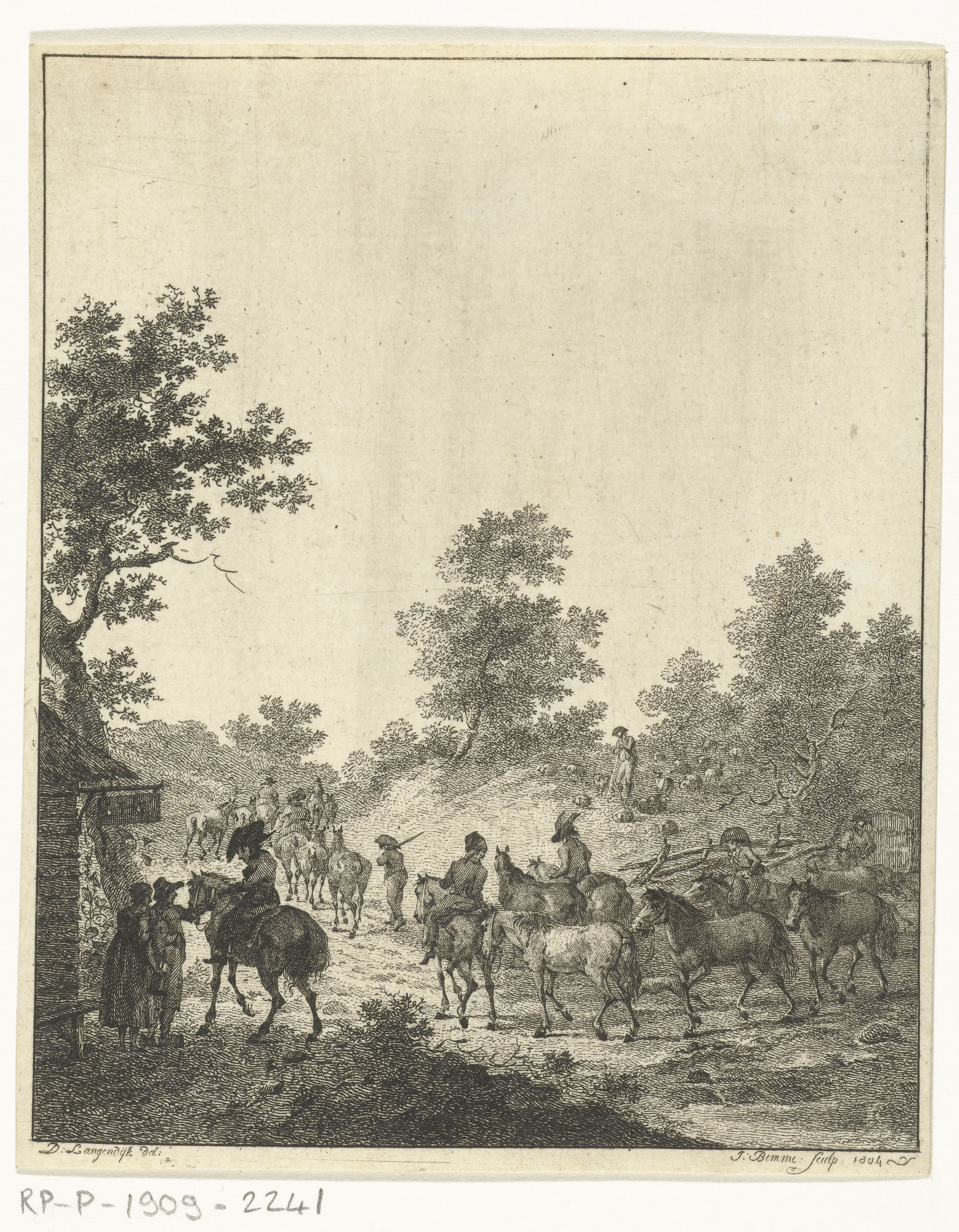 Een groep cavaleriepaarden bij een herberg