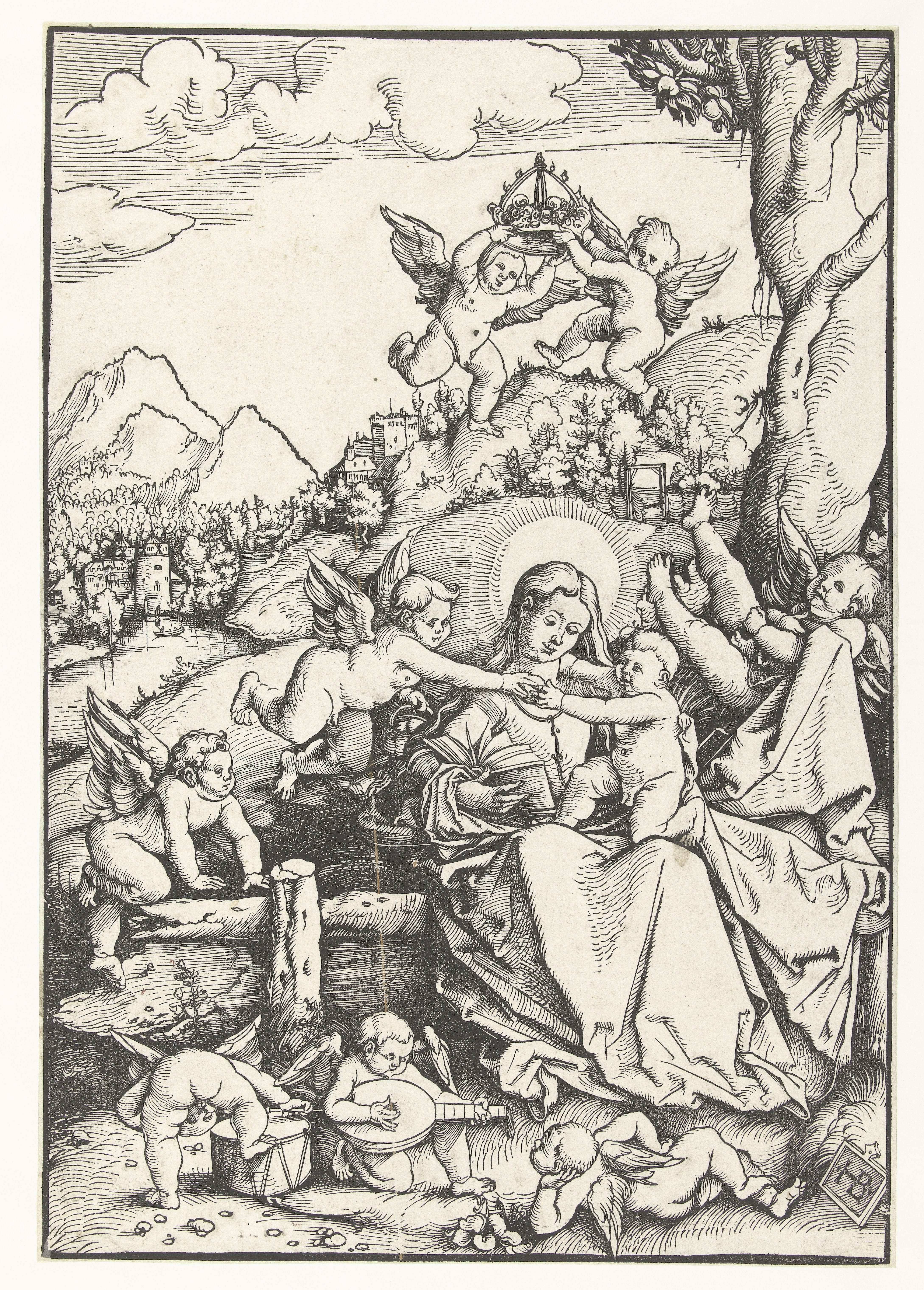 Maria met kind met acht engeltjes in een landschap