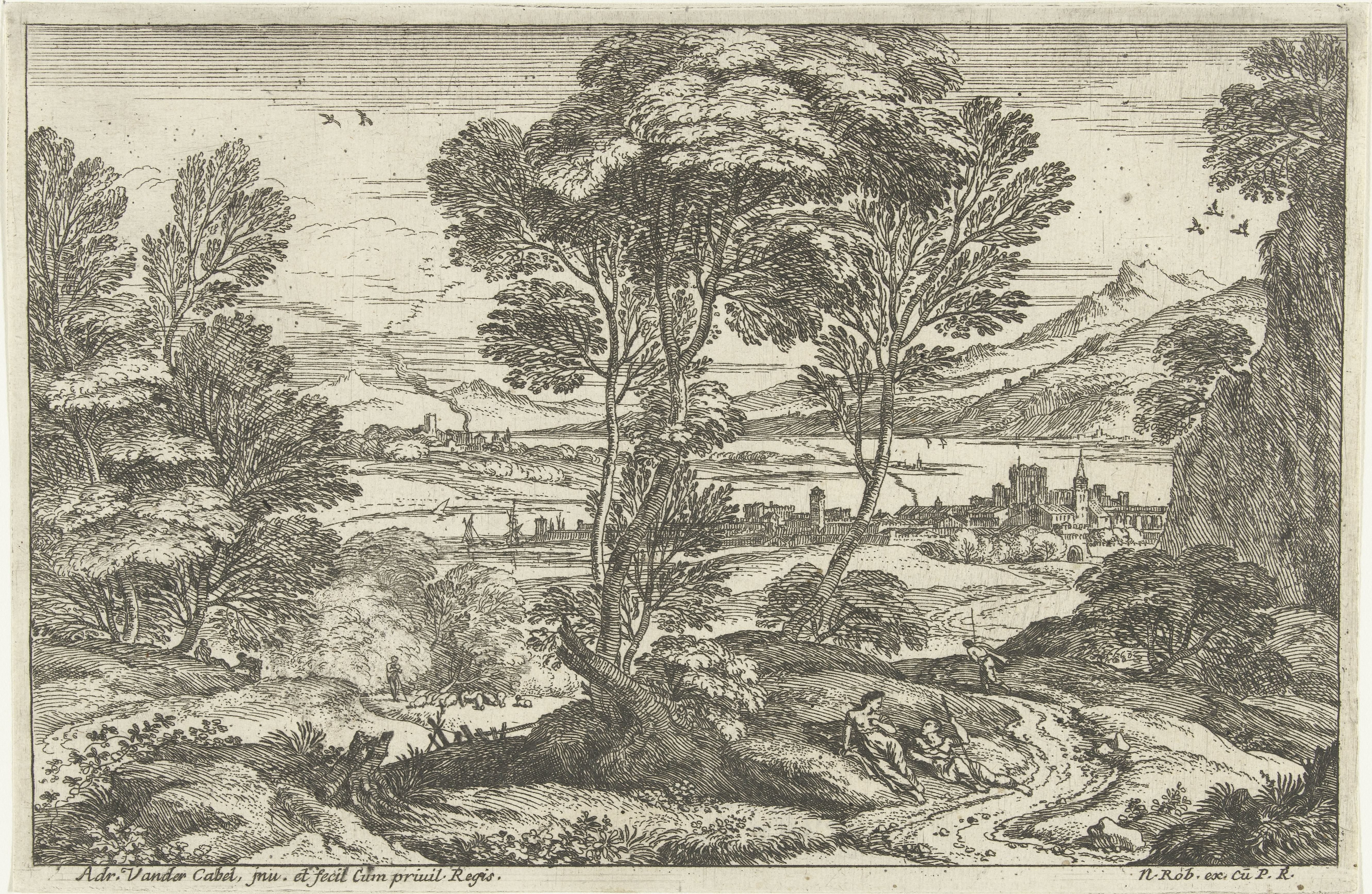 Landschap met rustend stel langs pad
