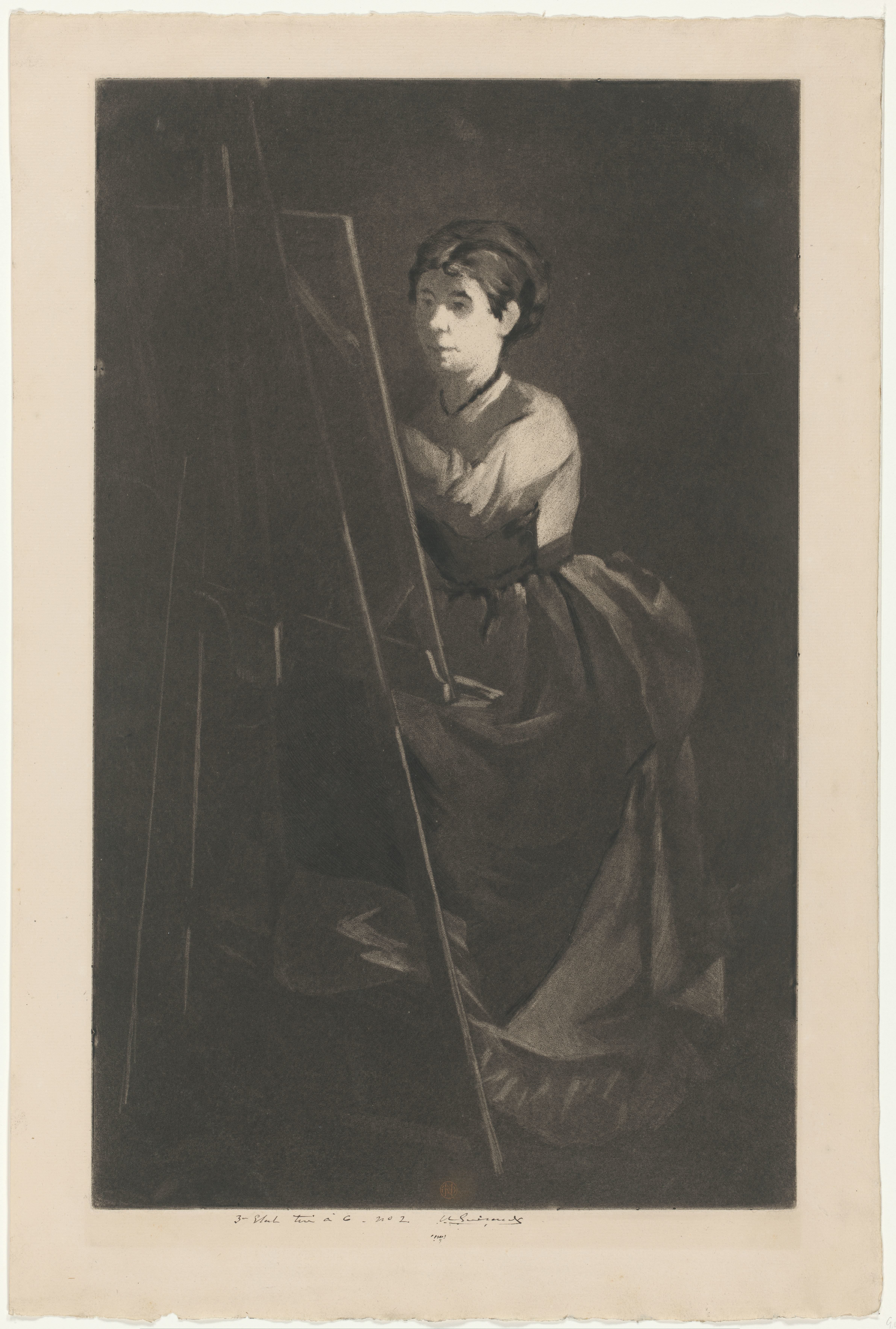 Portret van Eva Gonzalès voor een schildersezel