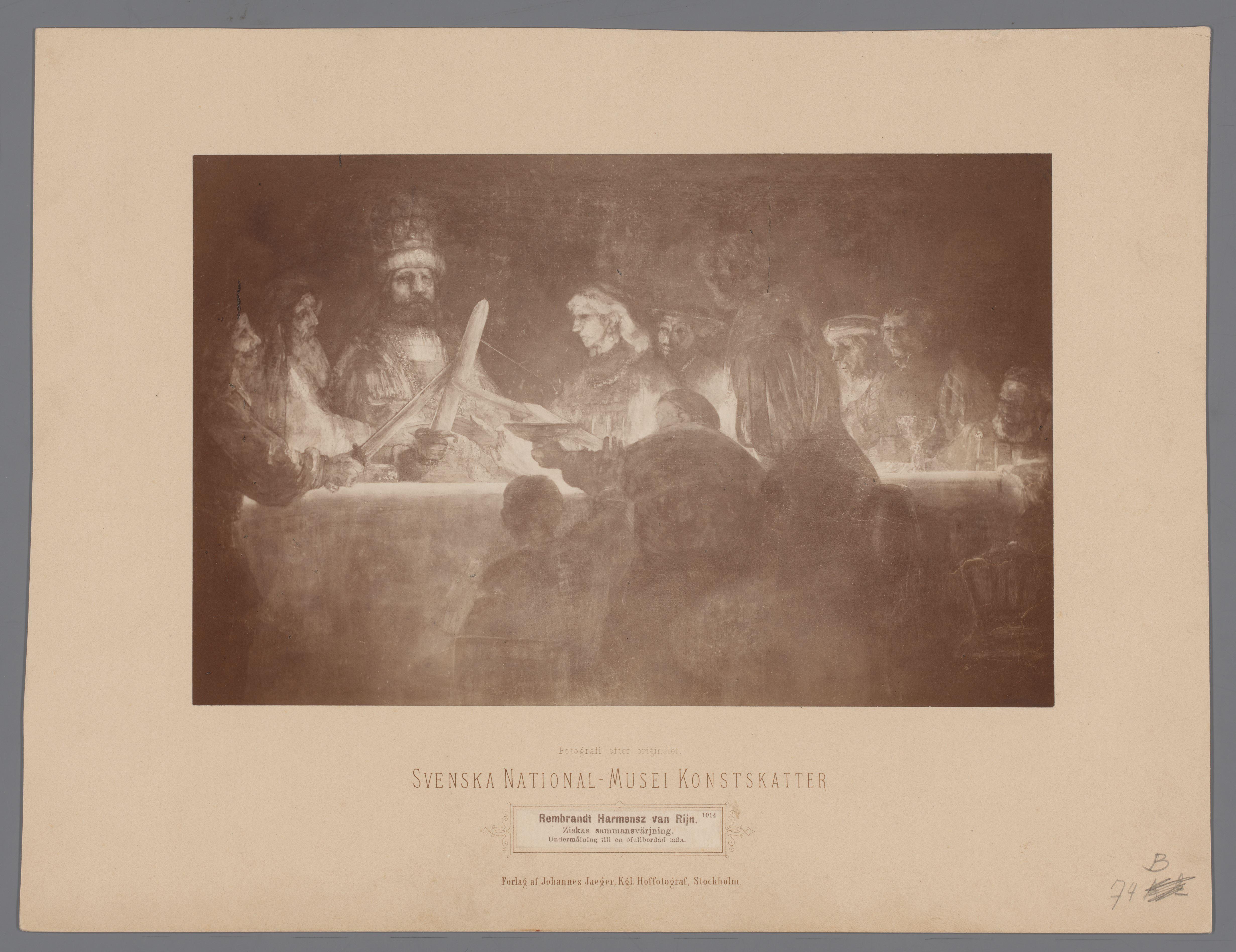 Fotoreproductie van het schilderij 'Het eedverbond van de Batavieren onder Claudius Civilis' door Rembrandt van Rijn