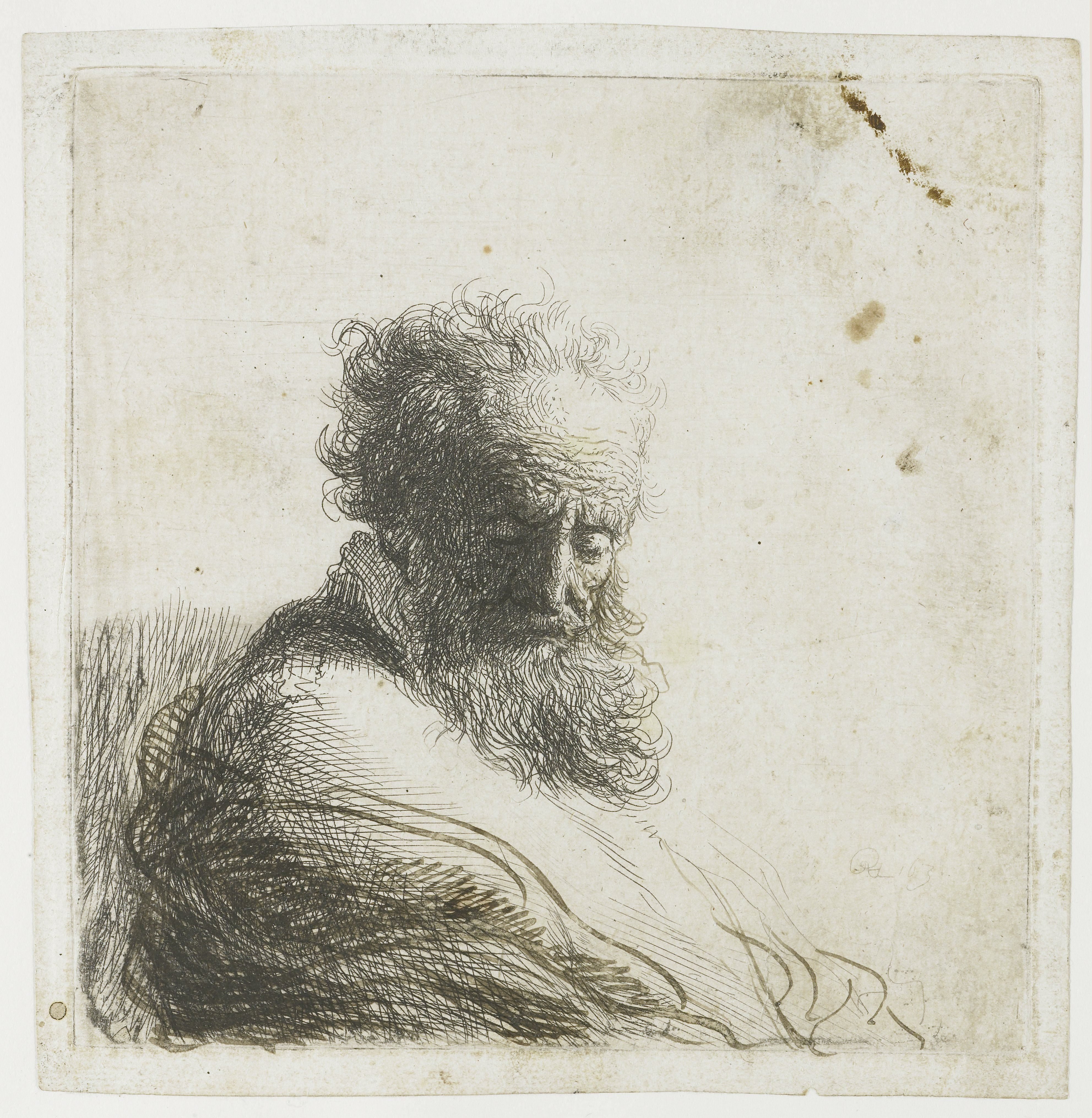 Bust of an old bearded man, looking down, three quarters right
