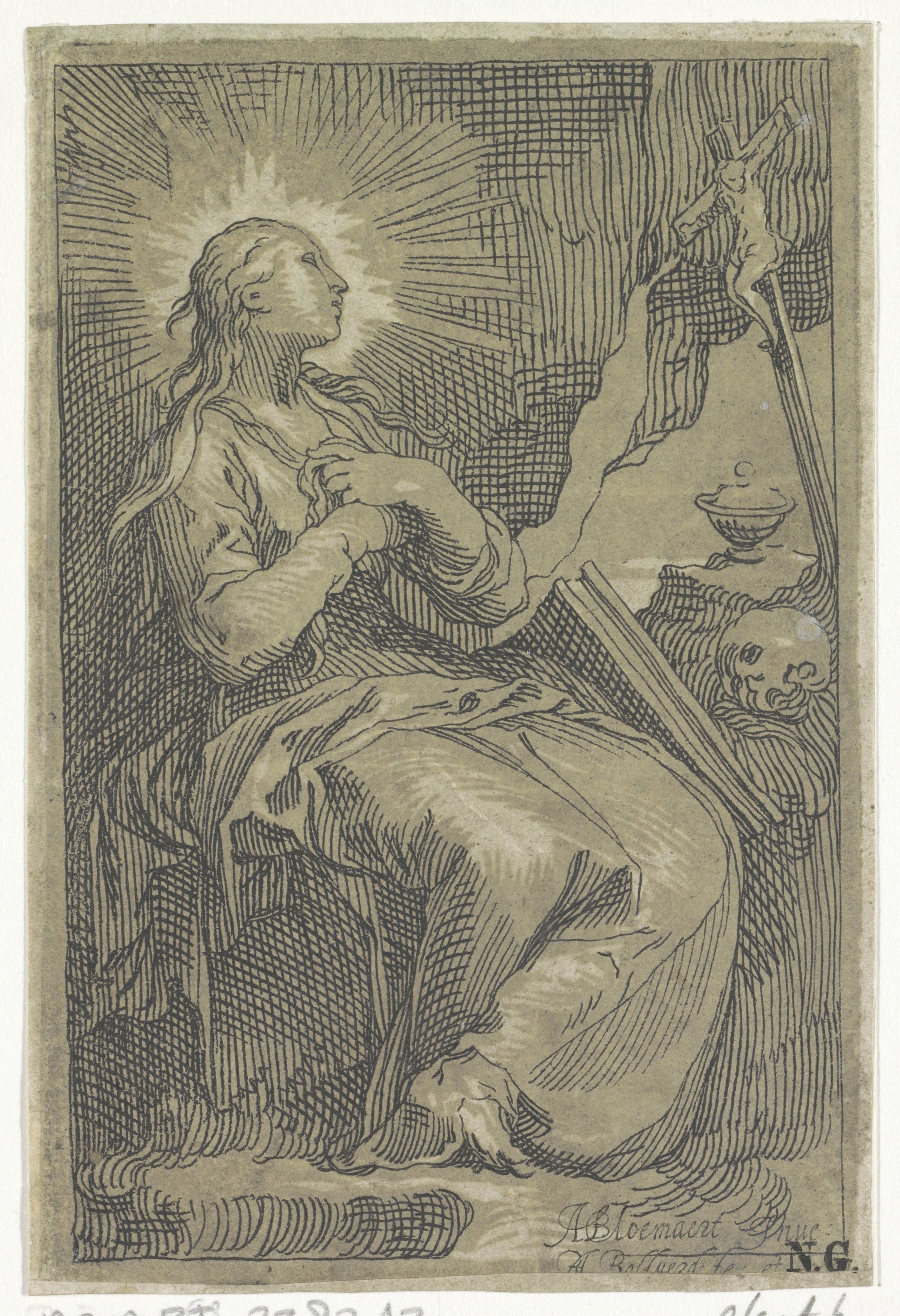 Boetvaardige Maria Magdalena in de grot voor crucifix