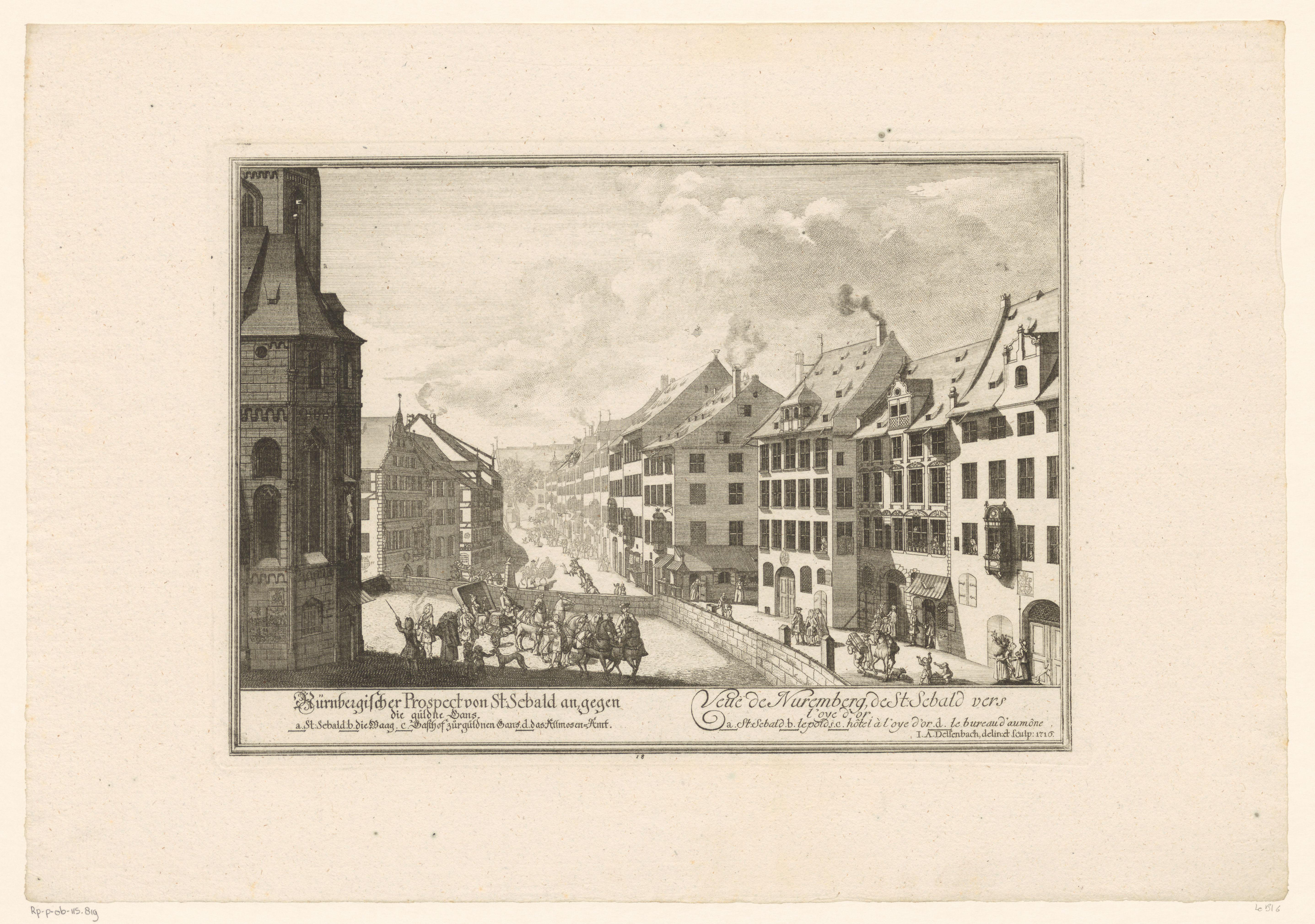 Gezicht vanaf de Heilige Sebalduskerk richting de Gouden Gans in Neurenberg