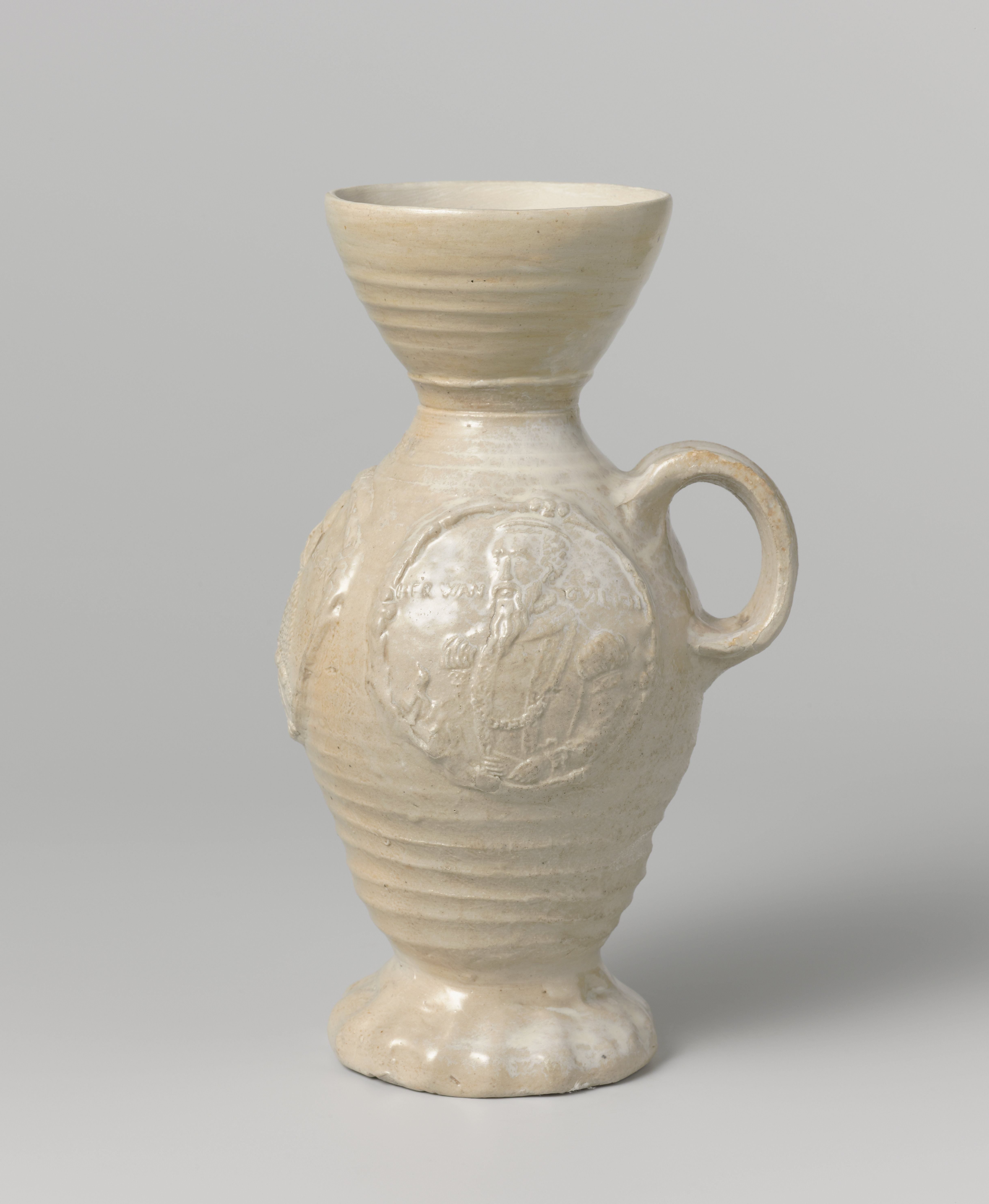 Funnel-necked jug (<Trichterhalskrug>) with medallions with Charles V and the Dukes of Saxony and Jülich-Cleve-Berg