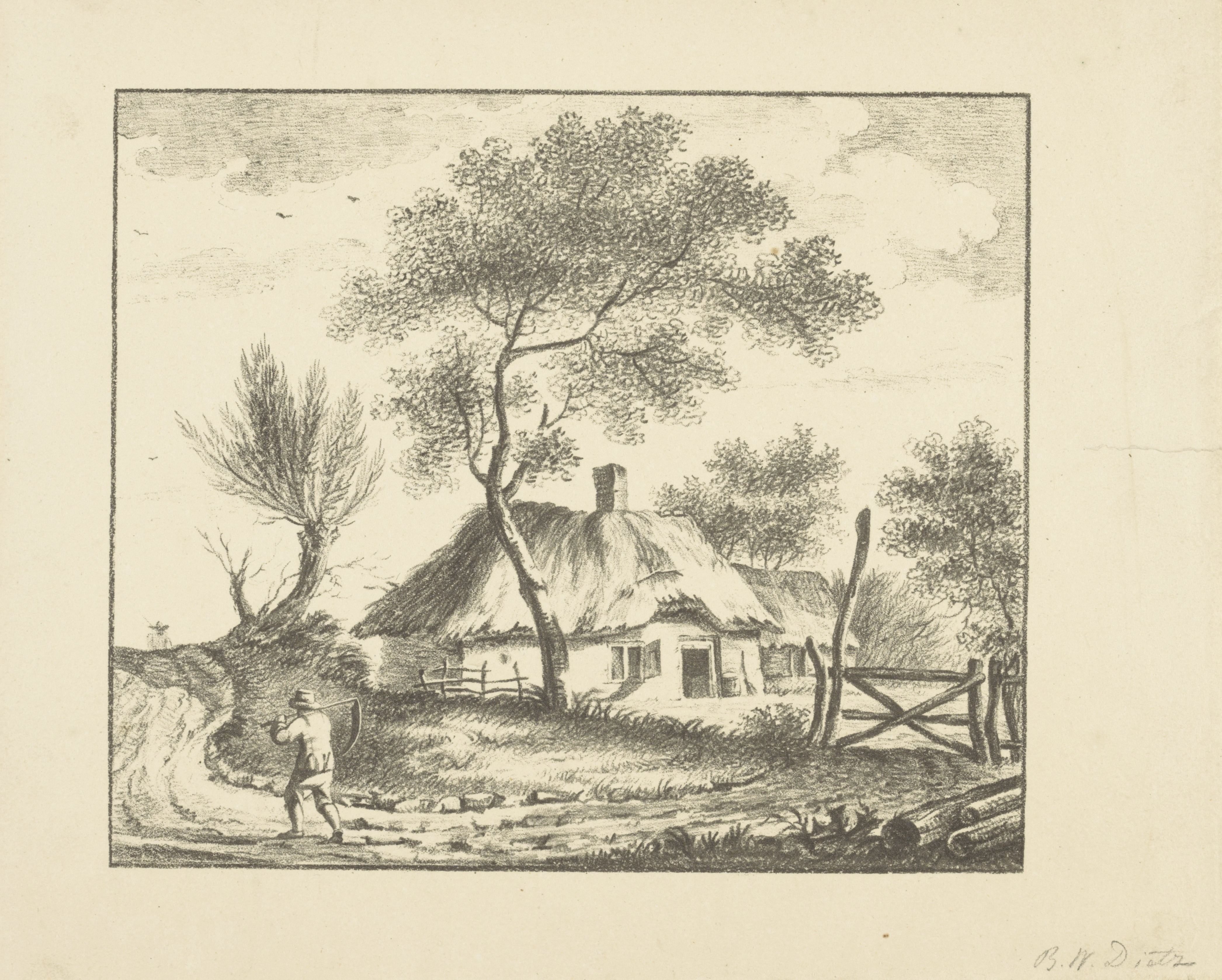 Landschap met zeisdragende man