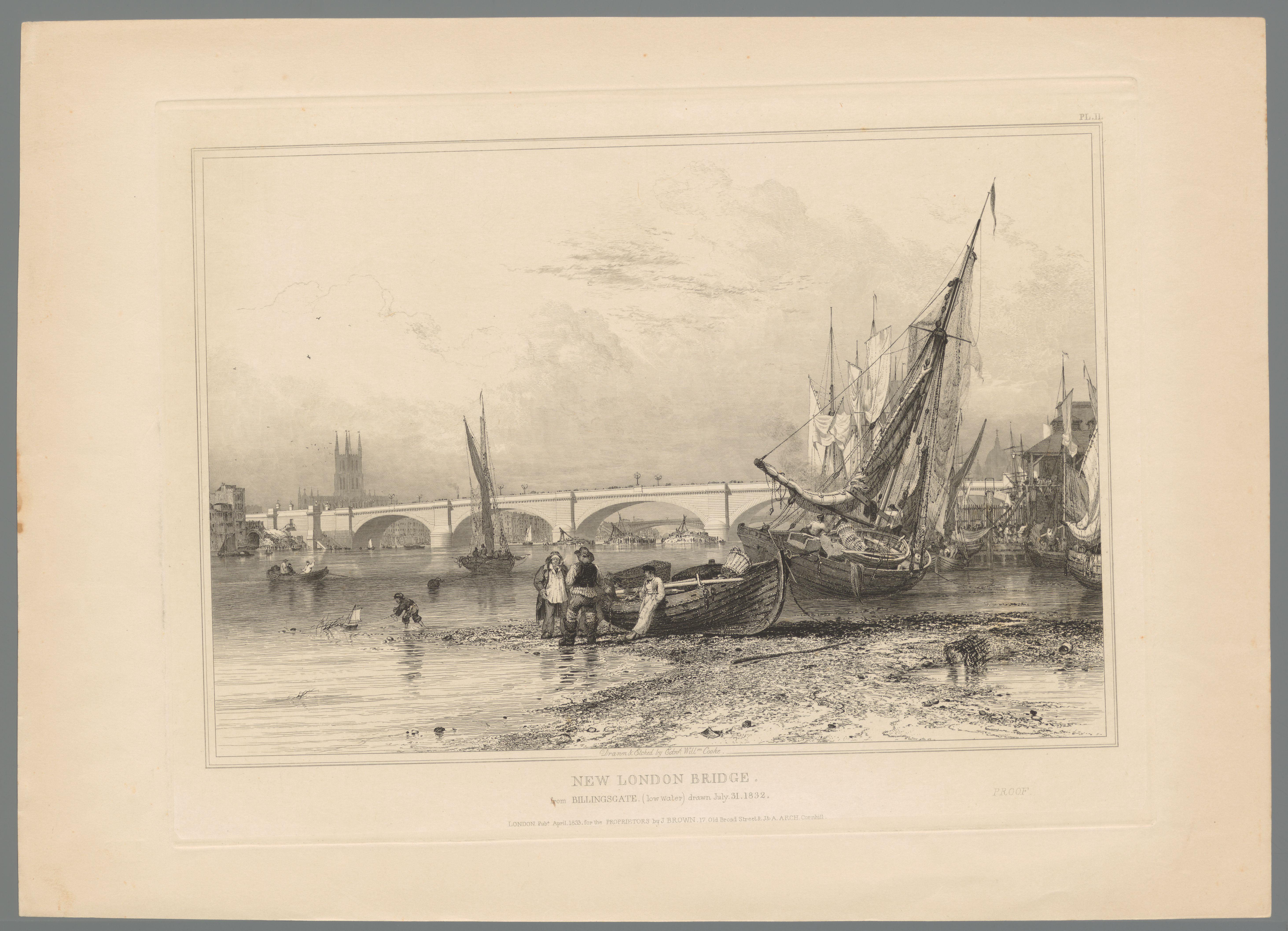 Boten op de oever van de Theems bij eb voor de nieuwe London Bridge, 1832