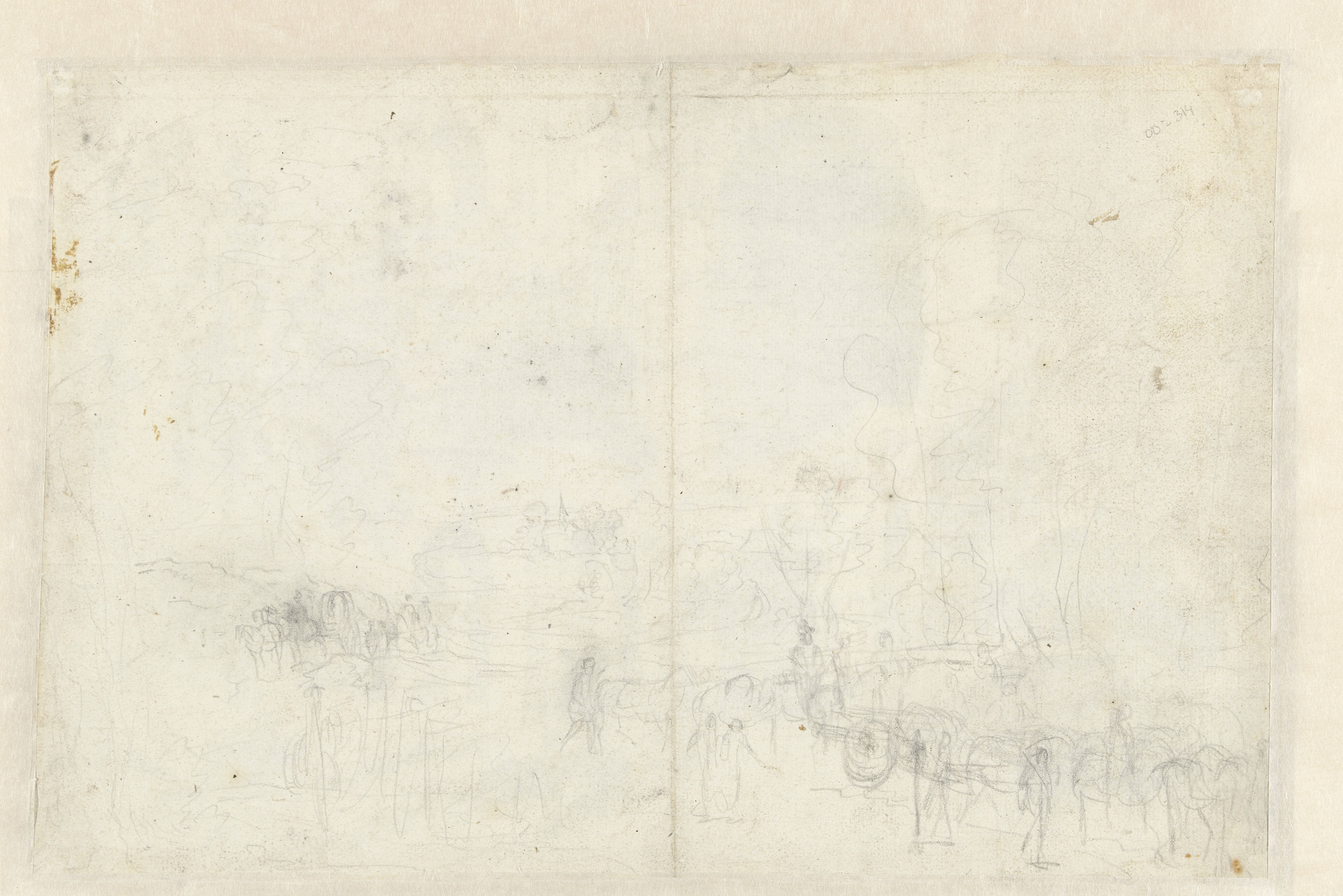 Schets van een landschap met een rijtuig en een huifkar
