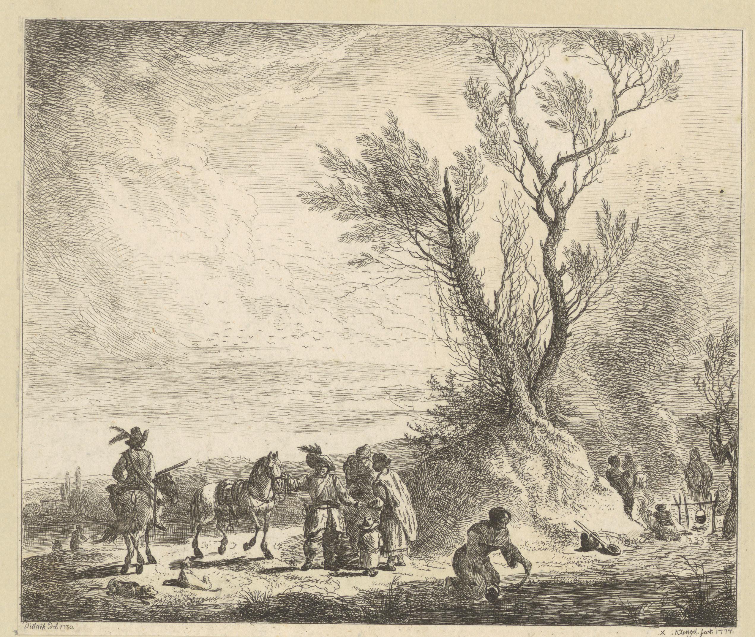 Landschap met figuren die koken bij de oever van een rivier