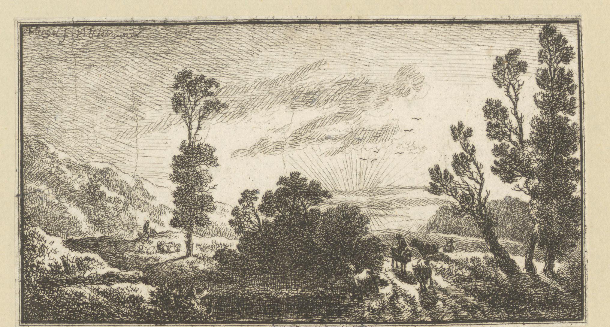 Landschap met herders en vee bij zonsondergang