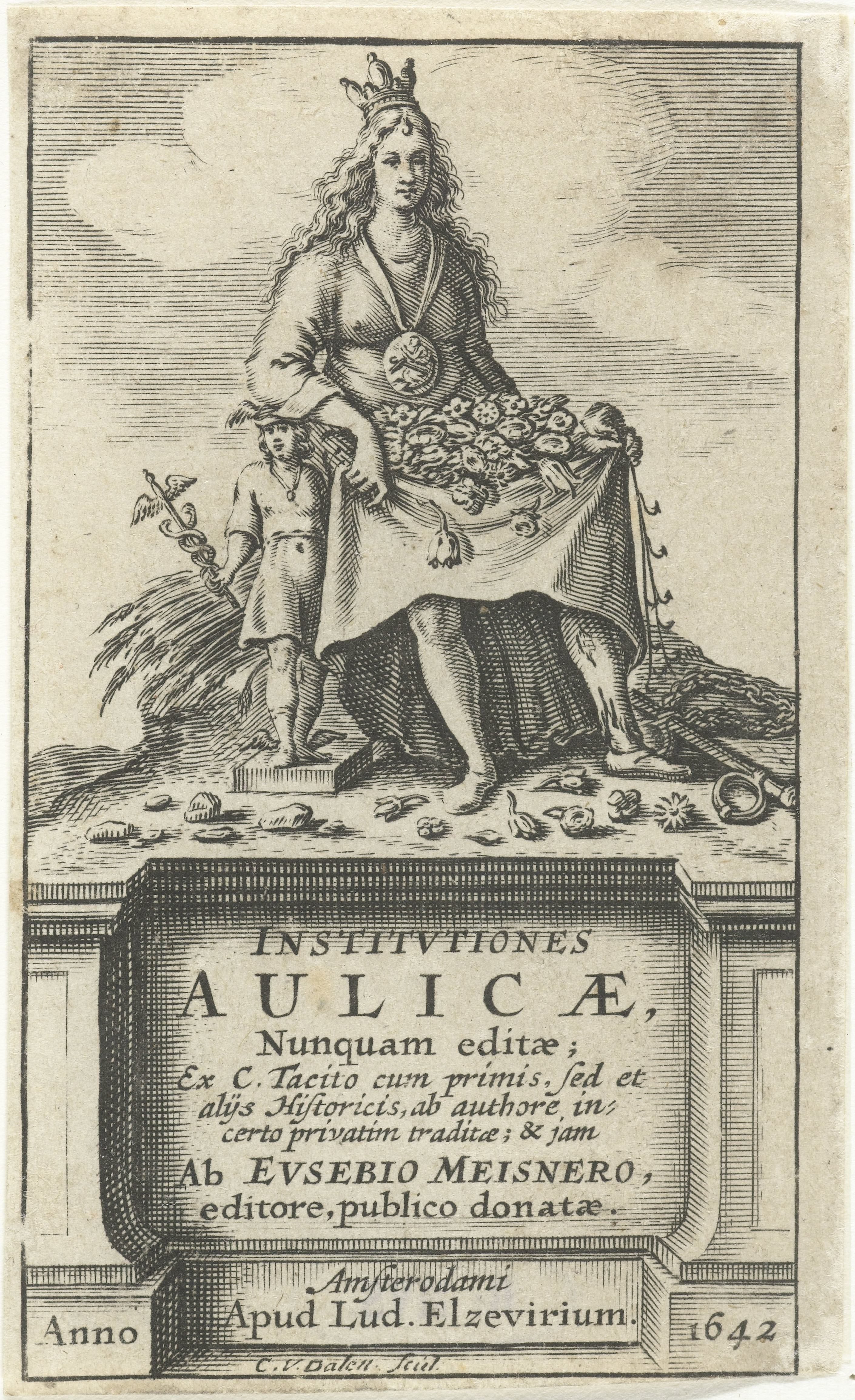 Overvloed met schoot vol bloemen en korenschoof en beeld van Mercurius