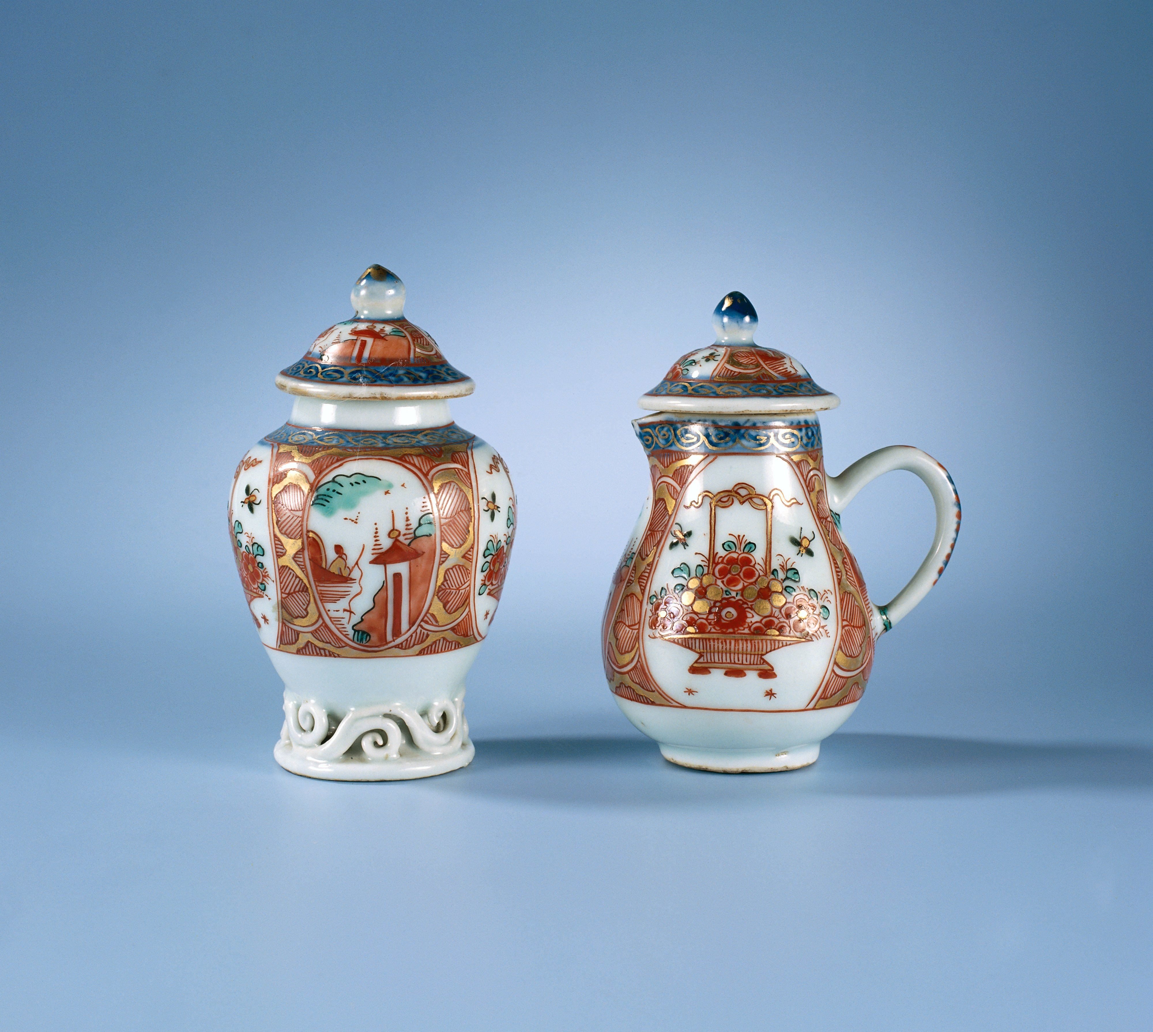 Milk jug with flower basket and water landscape in panels