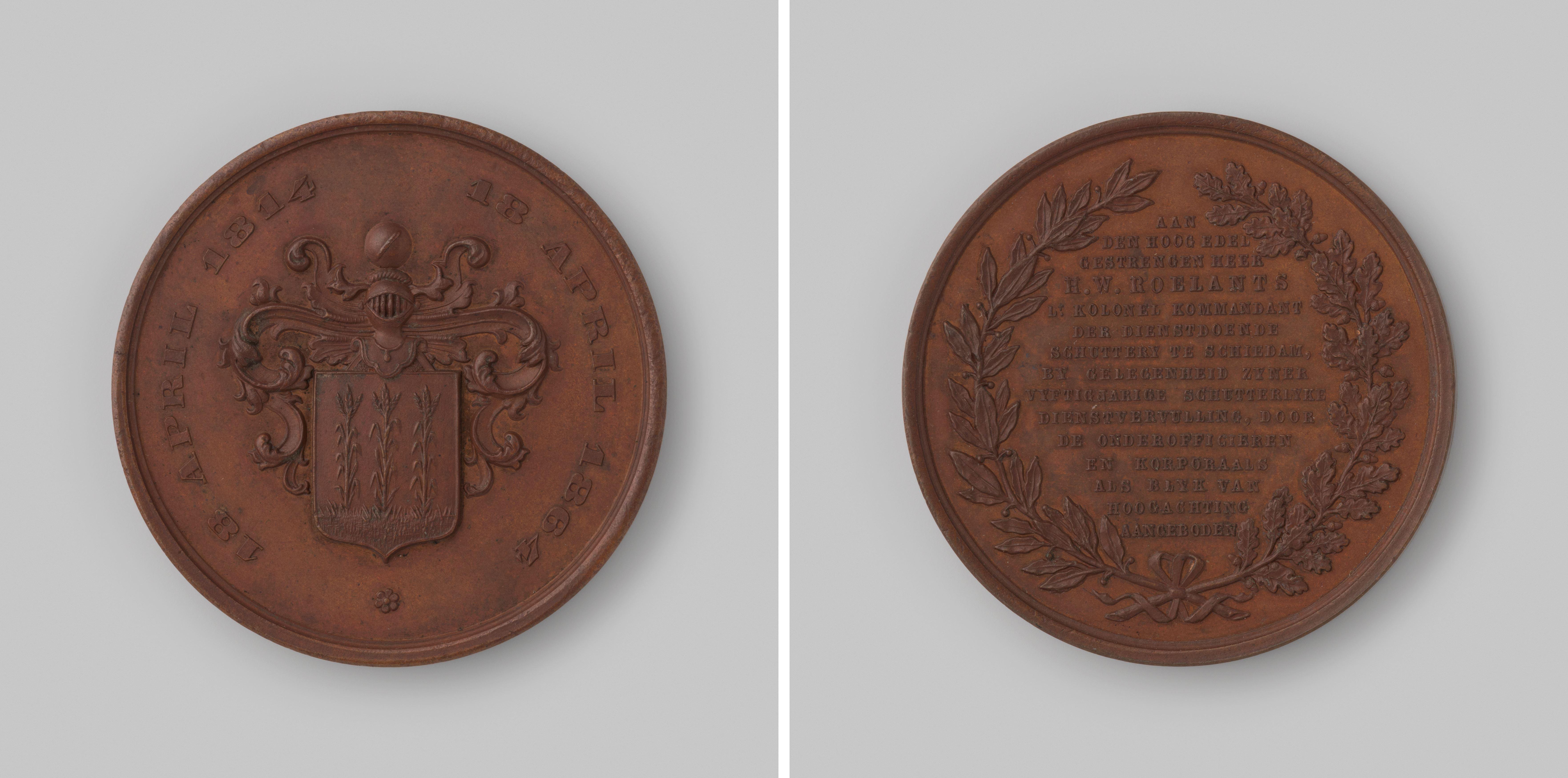 Gedenkpenning voor luitenant-kolonel H.W. Roelants, commandant der schutterij te Schiedam, ter gelegenheid van diens 50jarige dienst