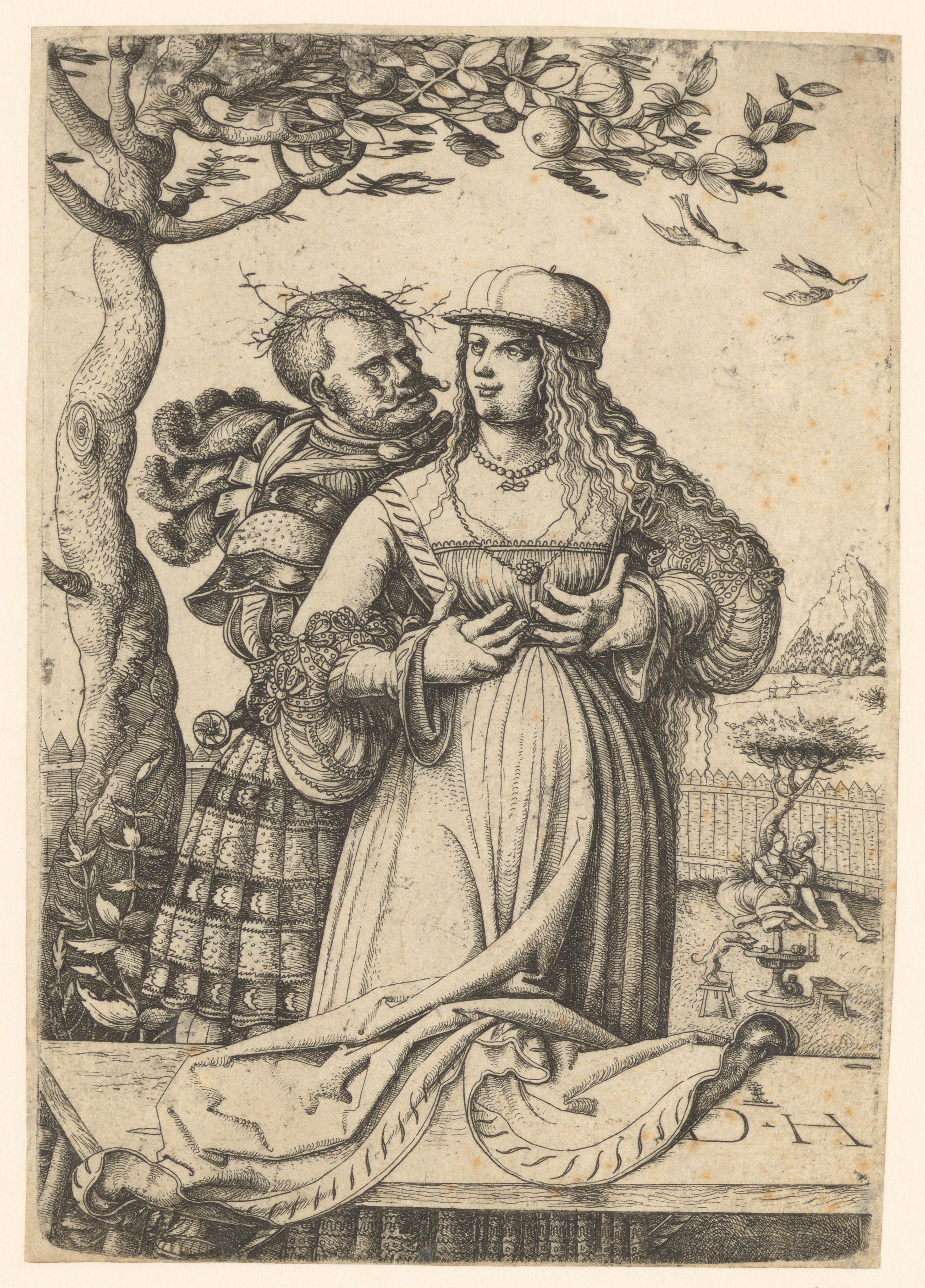 Landsknecht omarmt een vrouw