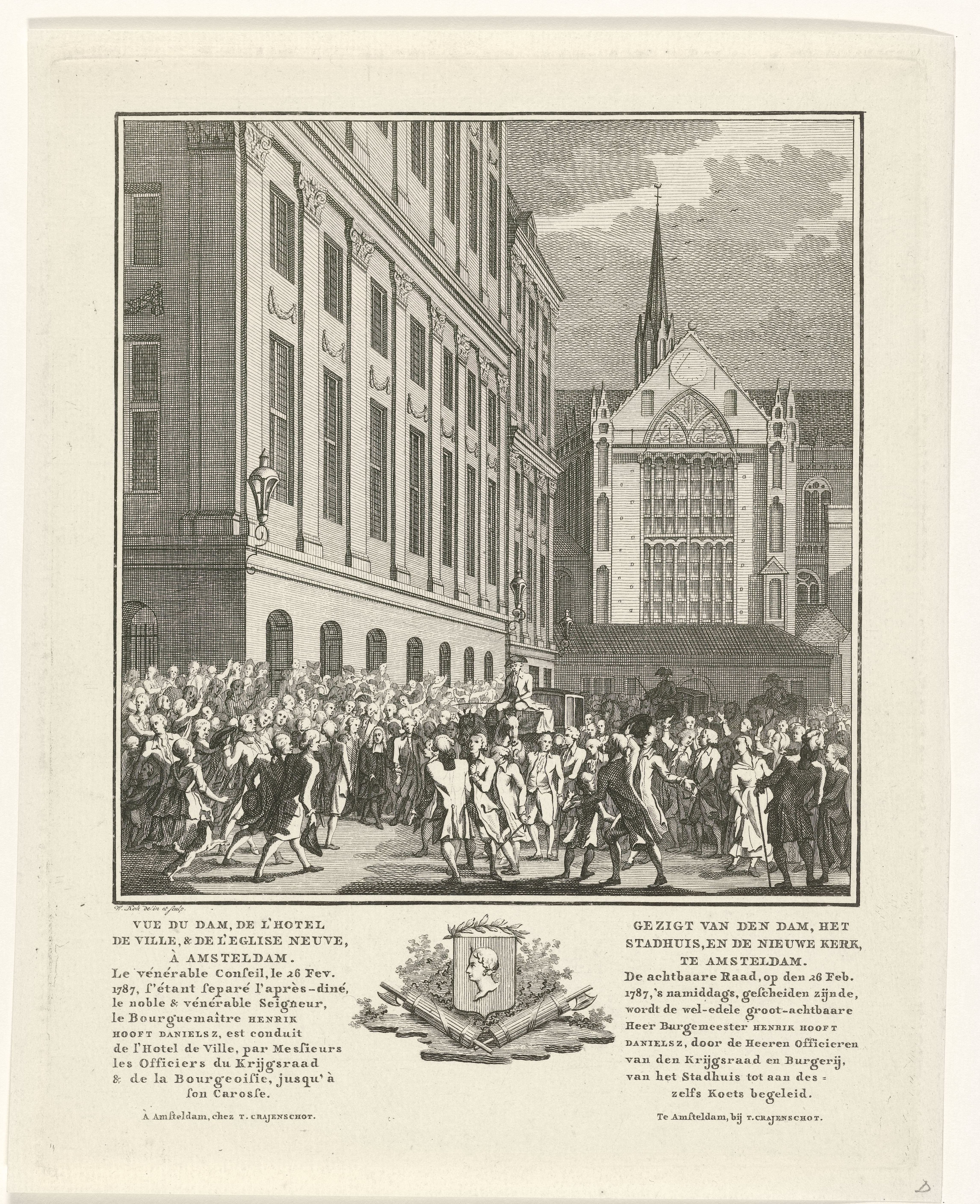 Hendrik Hooft Daniëlsz. wordt op de Dam te Amsterdam naar zijn koets begeleid, 26 februari 1787