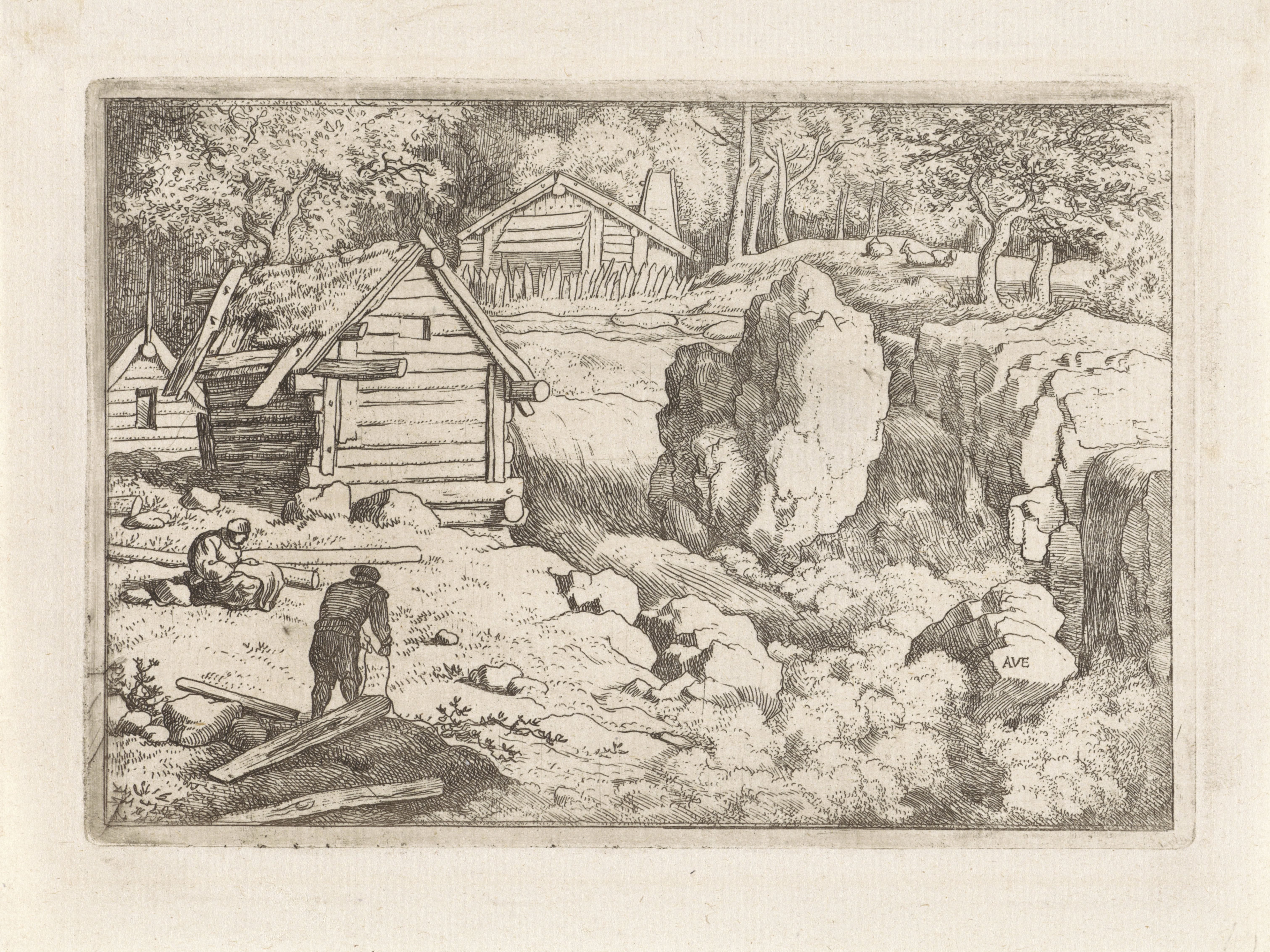 Landschap met drie houten huisjes