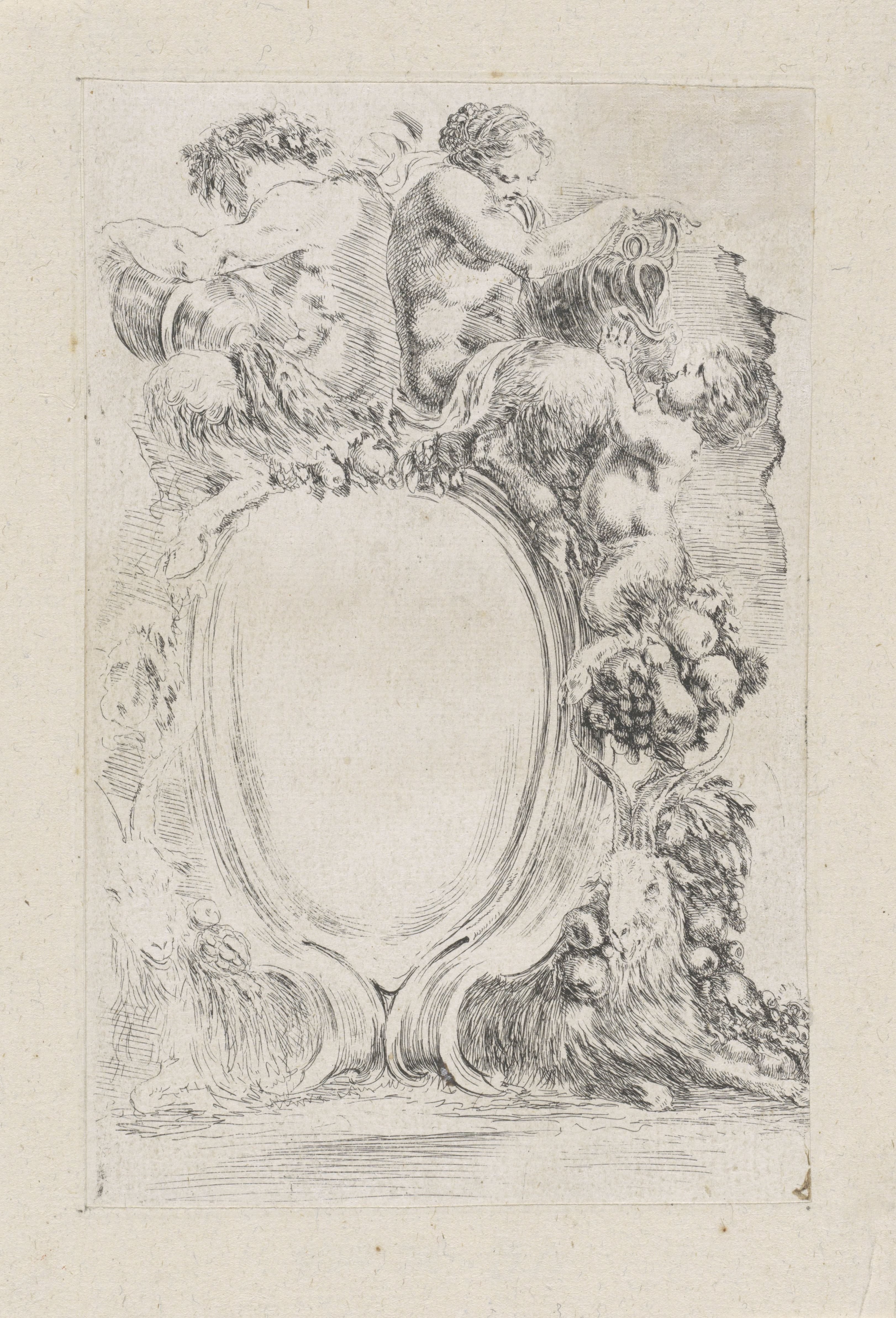 Cartouche met mannelijke en vrouwelijke sater met kruiken, een jonge sater en twee liggende geiten