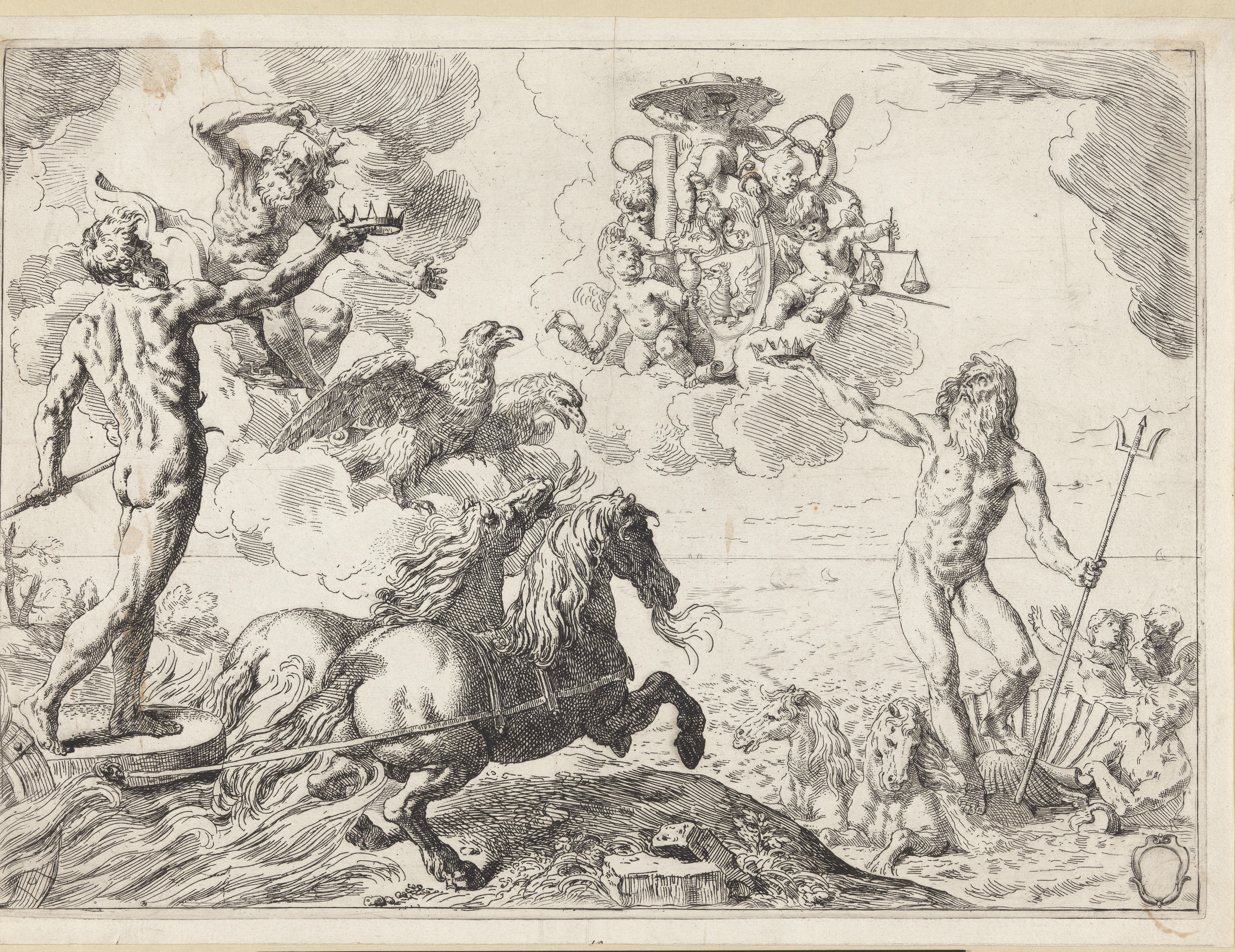 Jupiter, Neptunus en Pluto bieden hun kroon aan het wapen van kardinaal Scipione Borghese aan