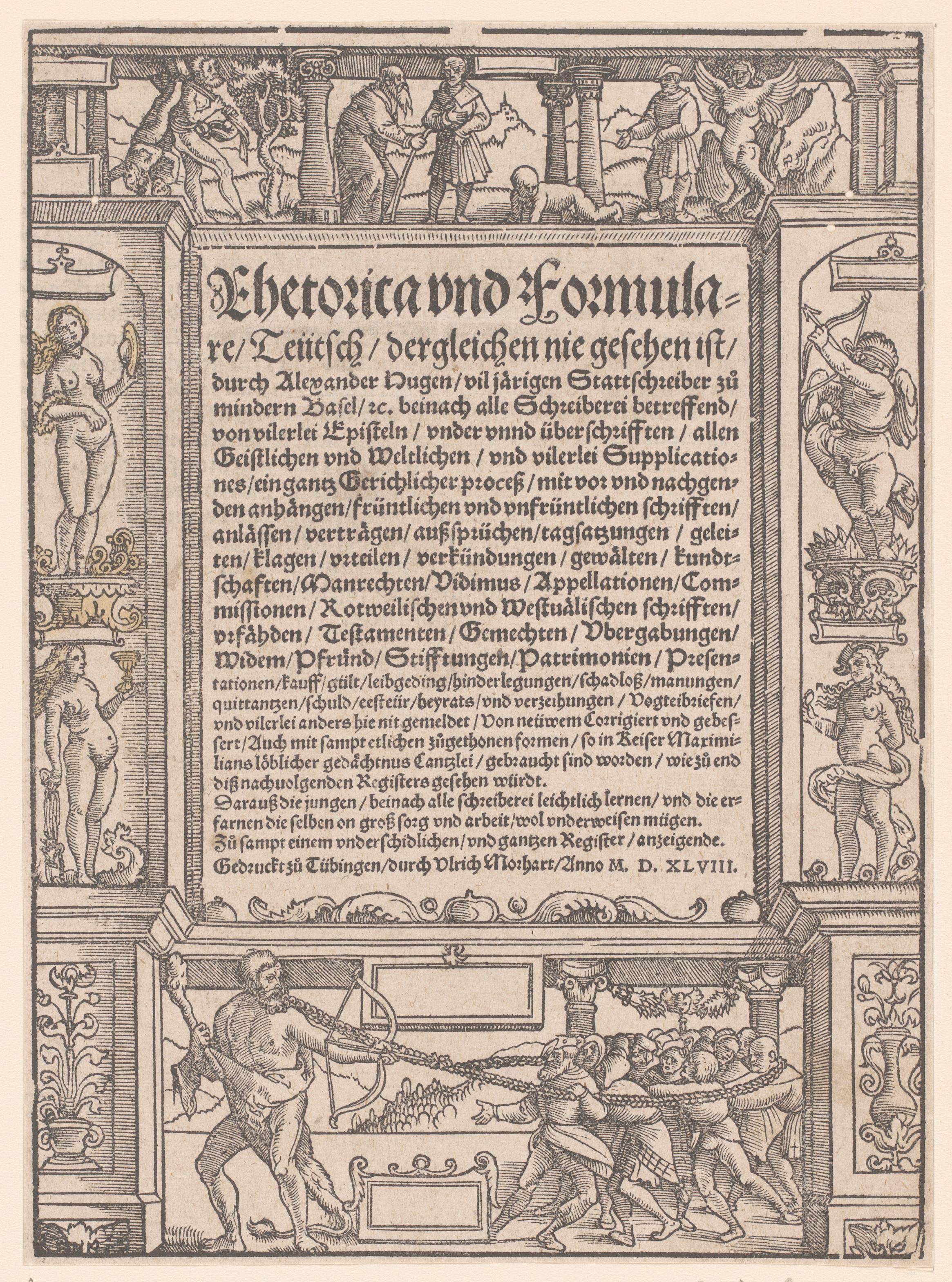 Architecturale omlijsting met allegorische scènes