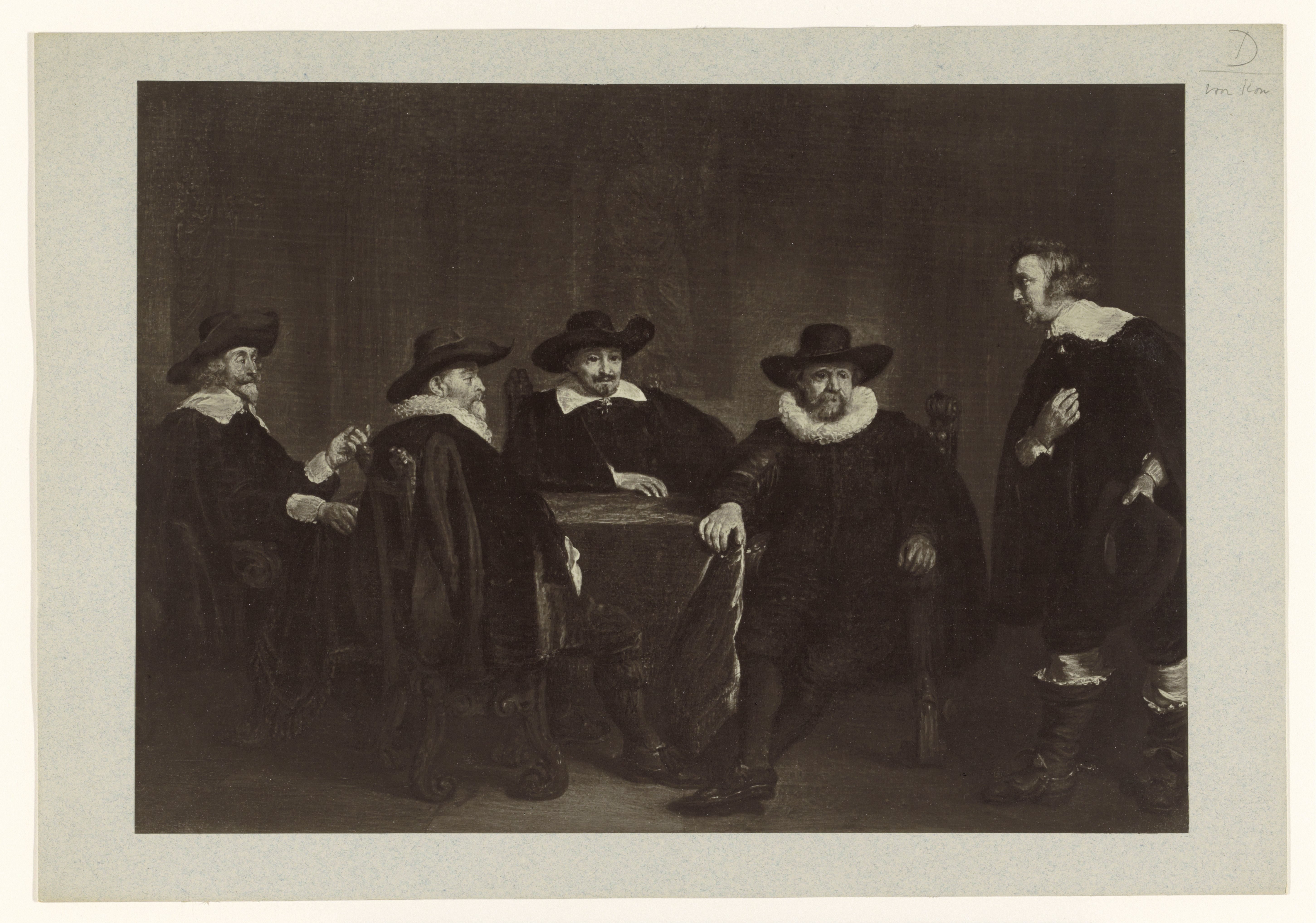 Fotoreproductie van schilderij De vier burgemeesters van Amsterdam vernemen de aankomst van Maria de’ Medici door Thomas de Keyser