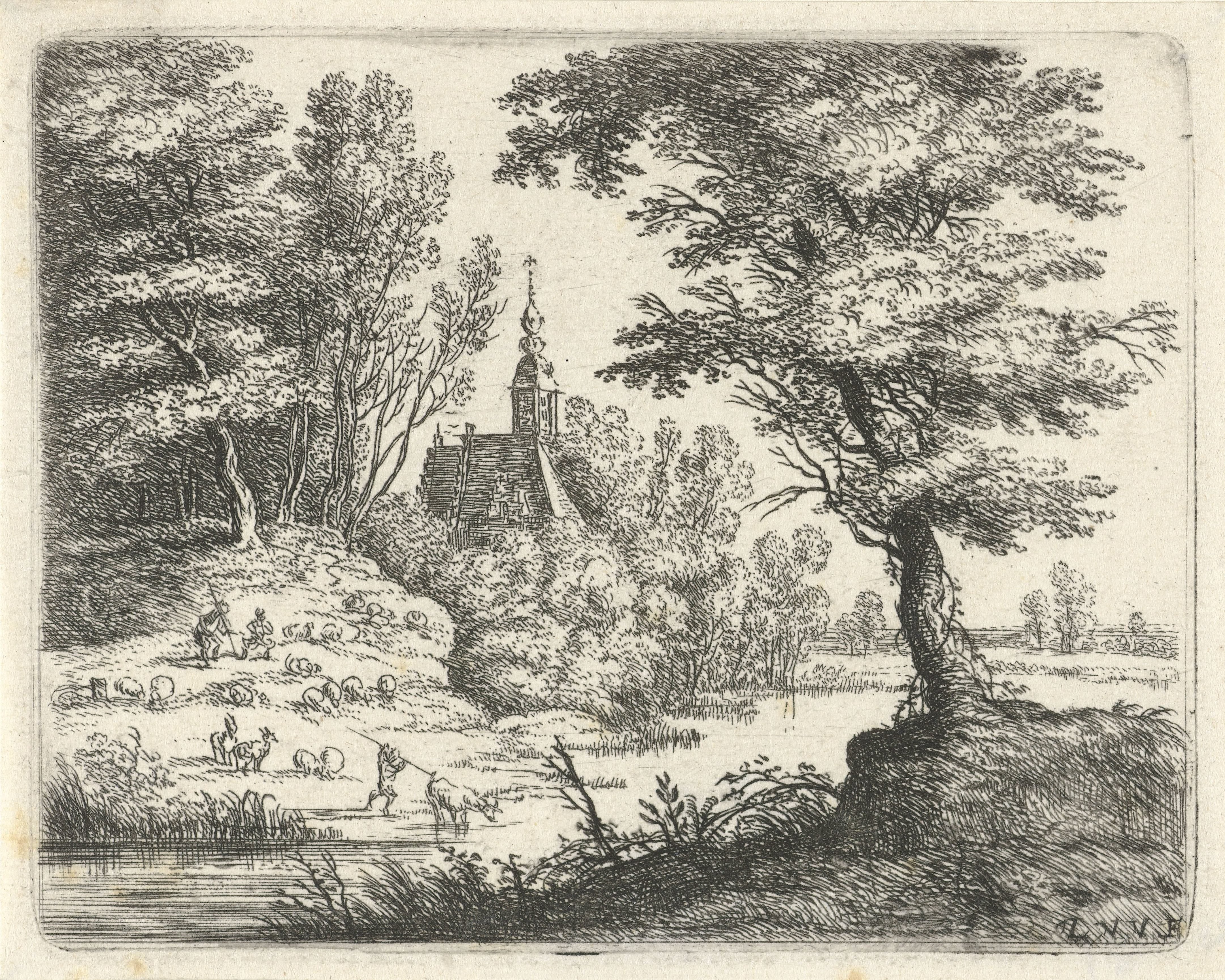 Landschap met herders en vee bij een rivier