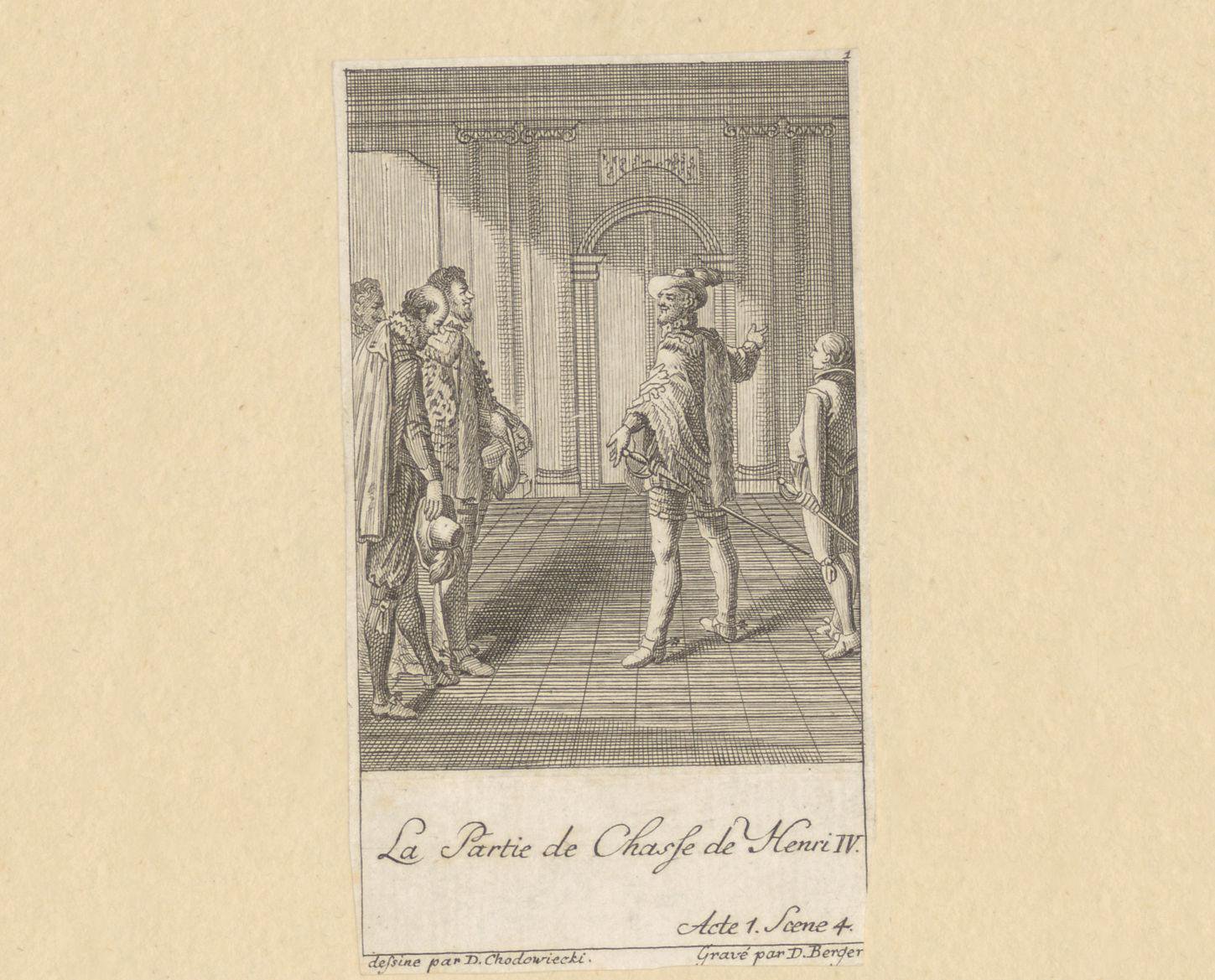 Hendrik IV in jachtkostuum met edelen in een hal