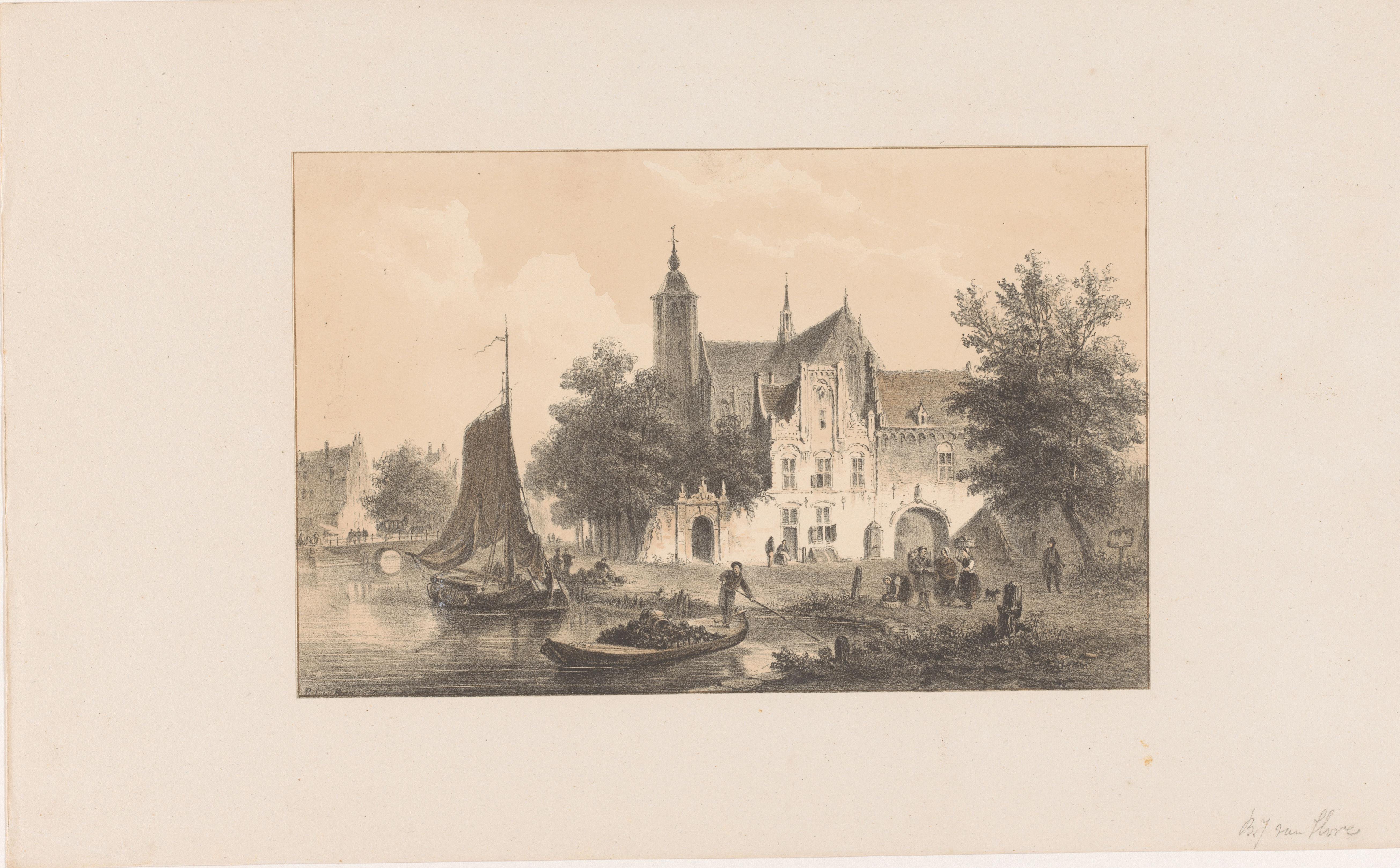 Stadsgezicht met rivier en kerk