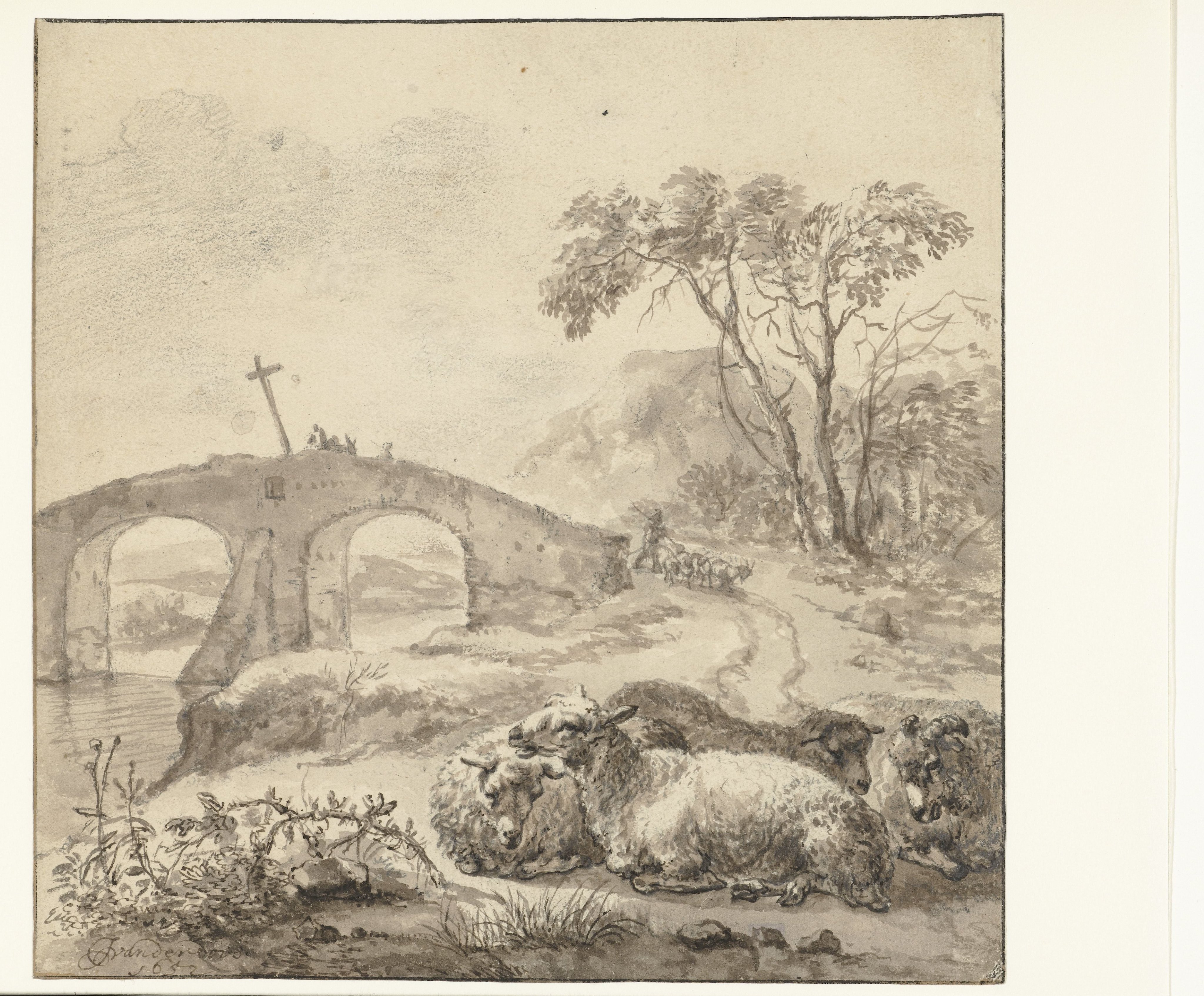 Landscape with Recumbent Sheep and a Stone Bridge