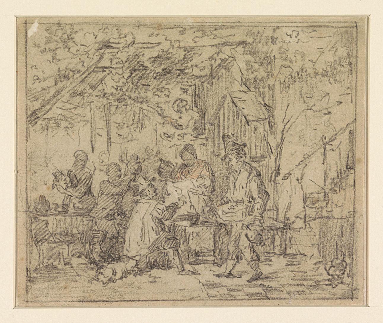 Gezelschap op terras buiten herberg