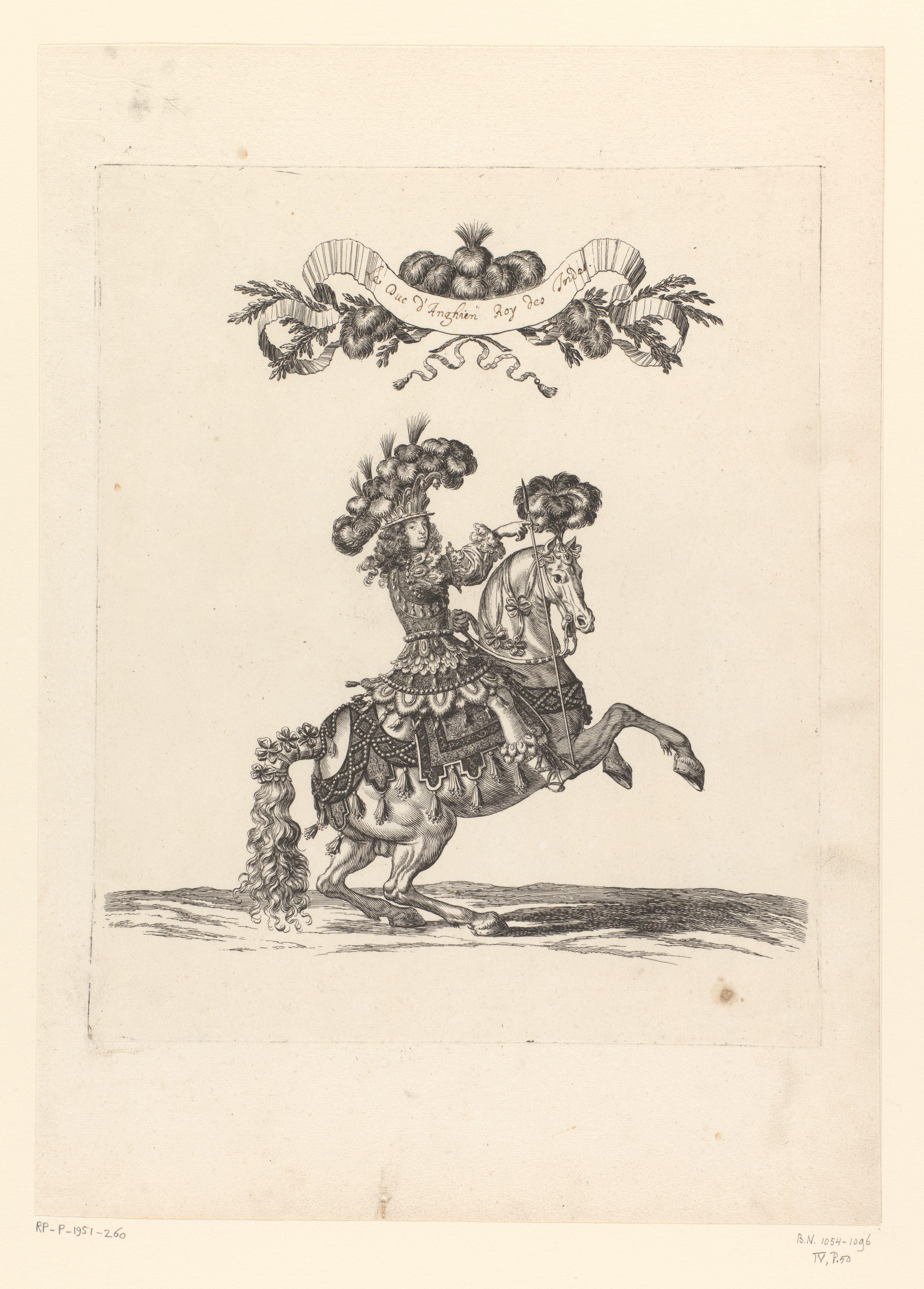 Henri-Jules de Bourbon te paard in fantasiekostuum, aangeduid als 'Roy des Indes'