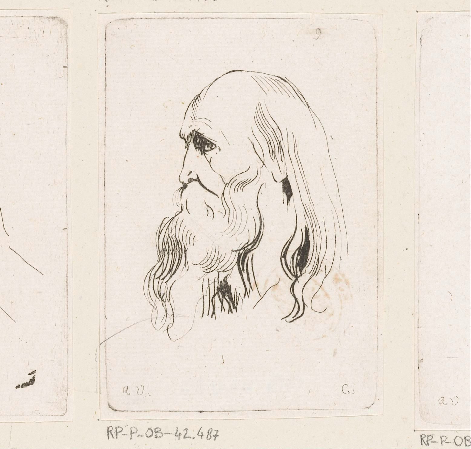 Hoofd van een oude man met baard en lang haar