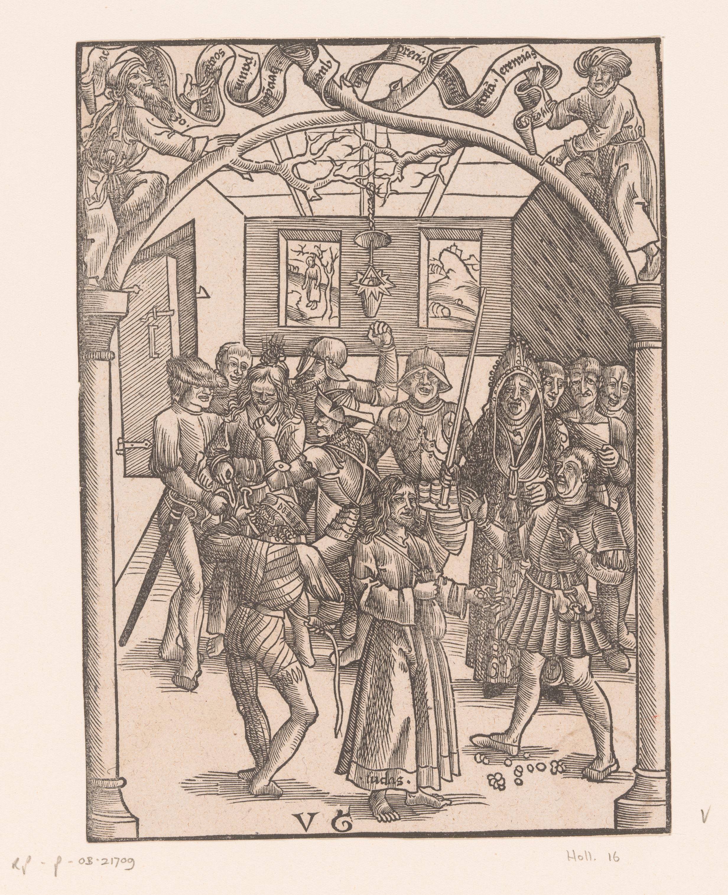 Bespotting van Christus door soldaten en Judas die de zilverlingen terugbrengt