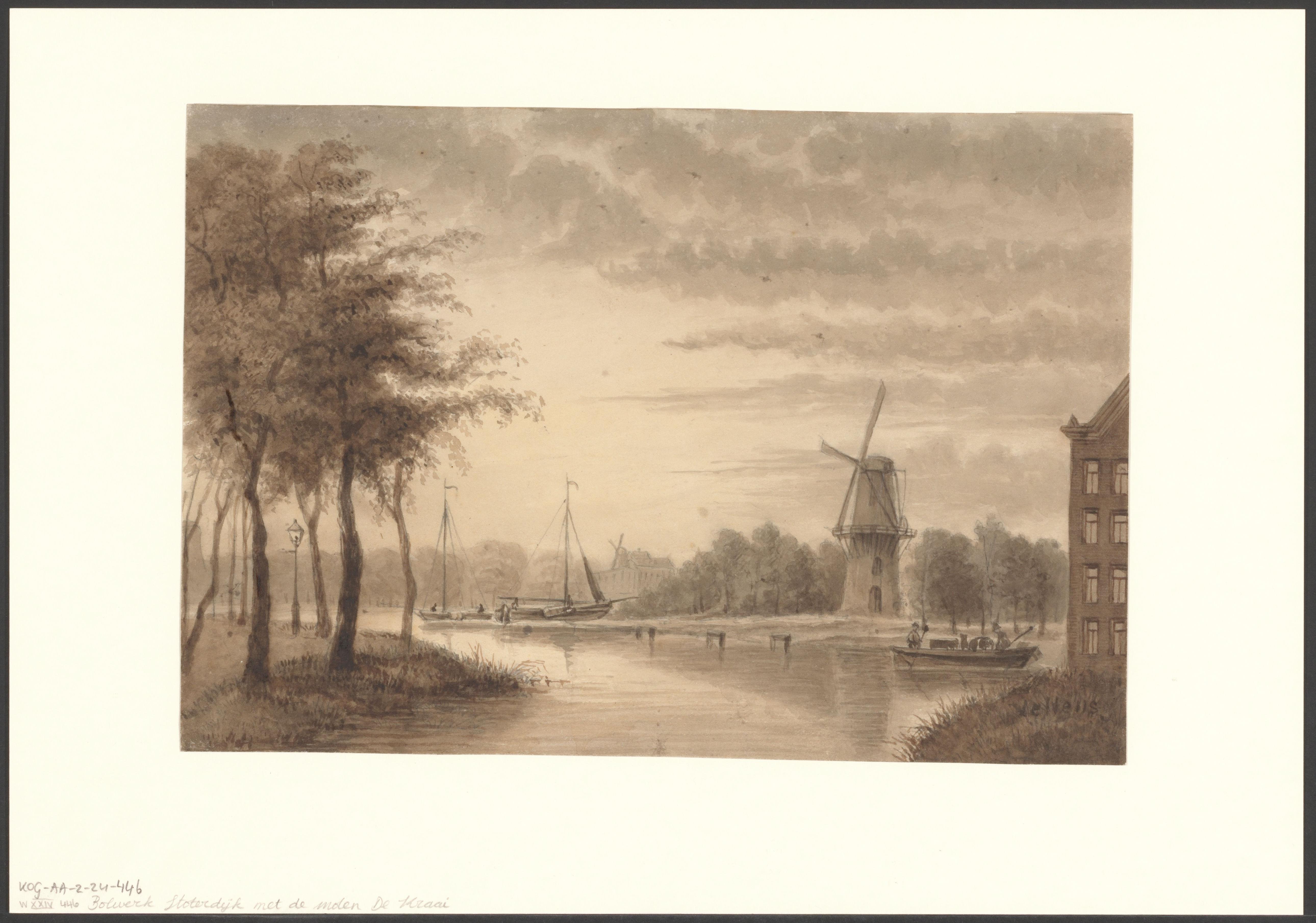 Gezicht op bolwerk Sloterdijk met molen De Kraai