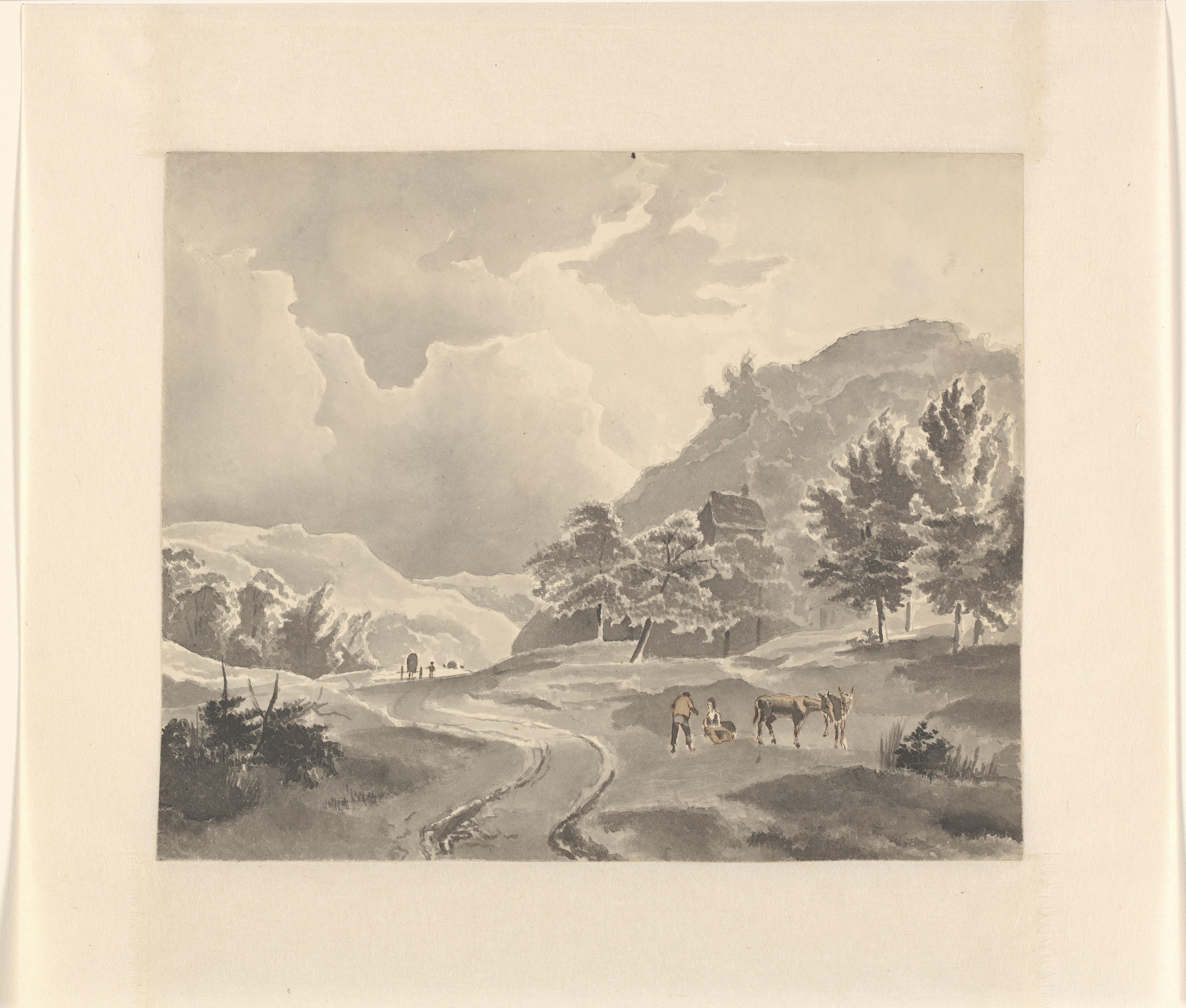 Figuren en paarden langs een pad in een berglandschap