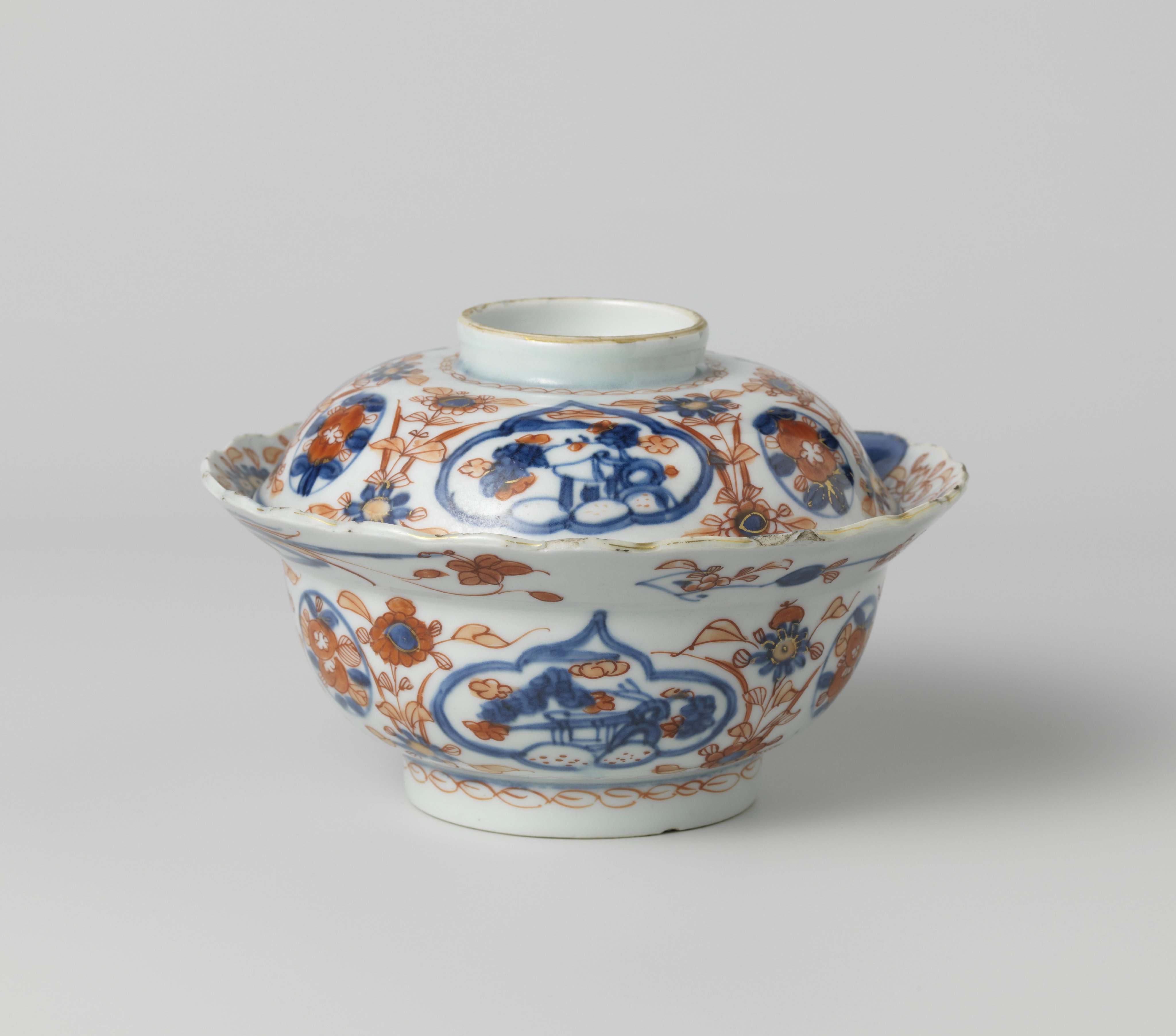 Covered bowl with flower pots, sprays and landscapes in cartouches