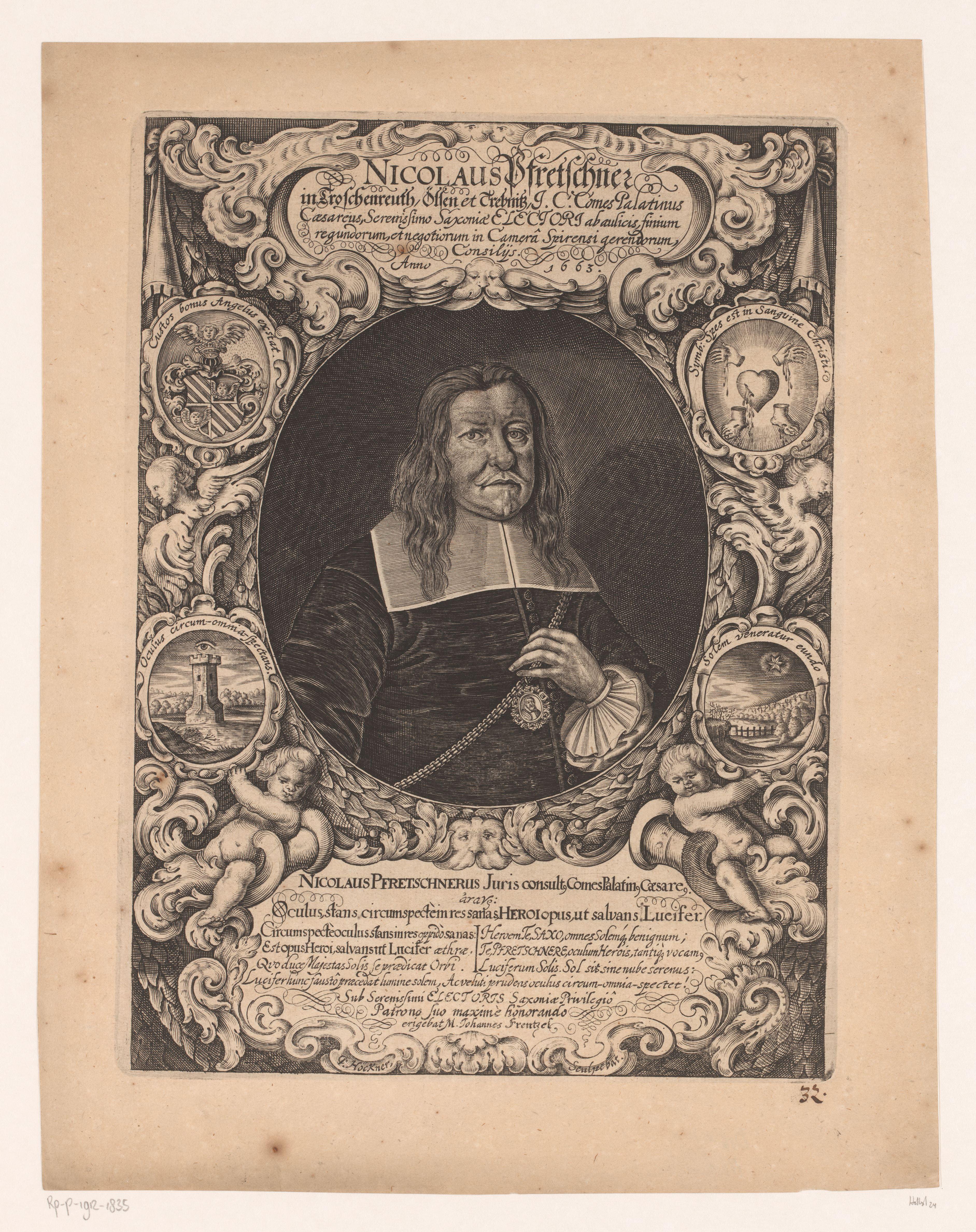 Portret van Justus Siebers en een laurierboom in een landschap met herders