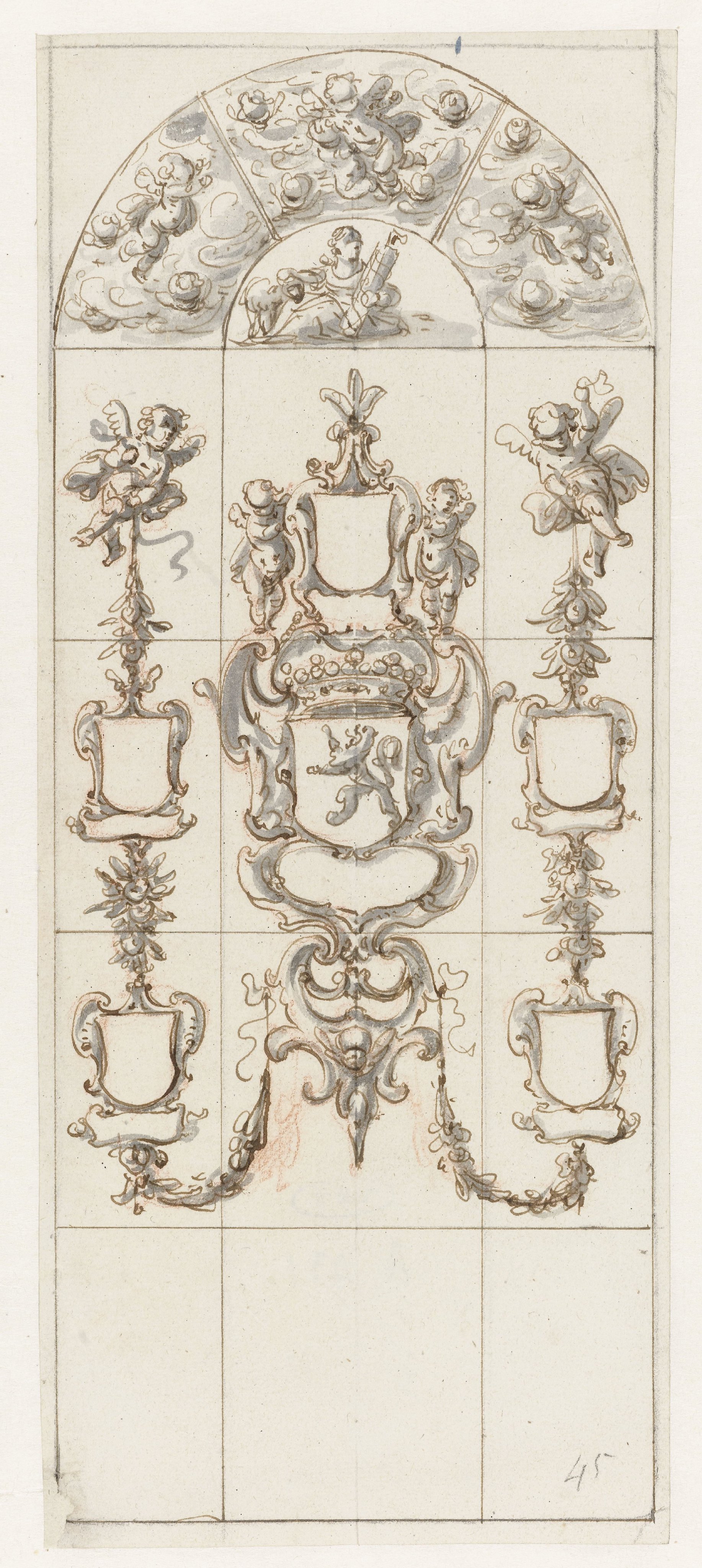 Ontwerp voor een glasraam met blanco wapenschilden en putti