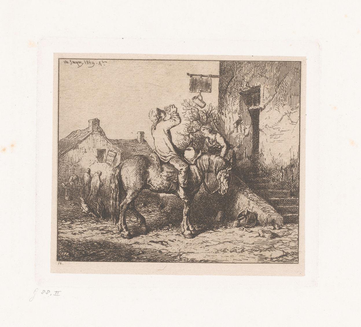 Drinkende ruiter te paard voor een herberg