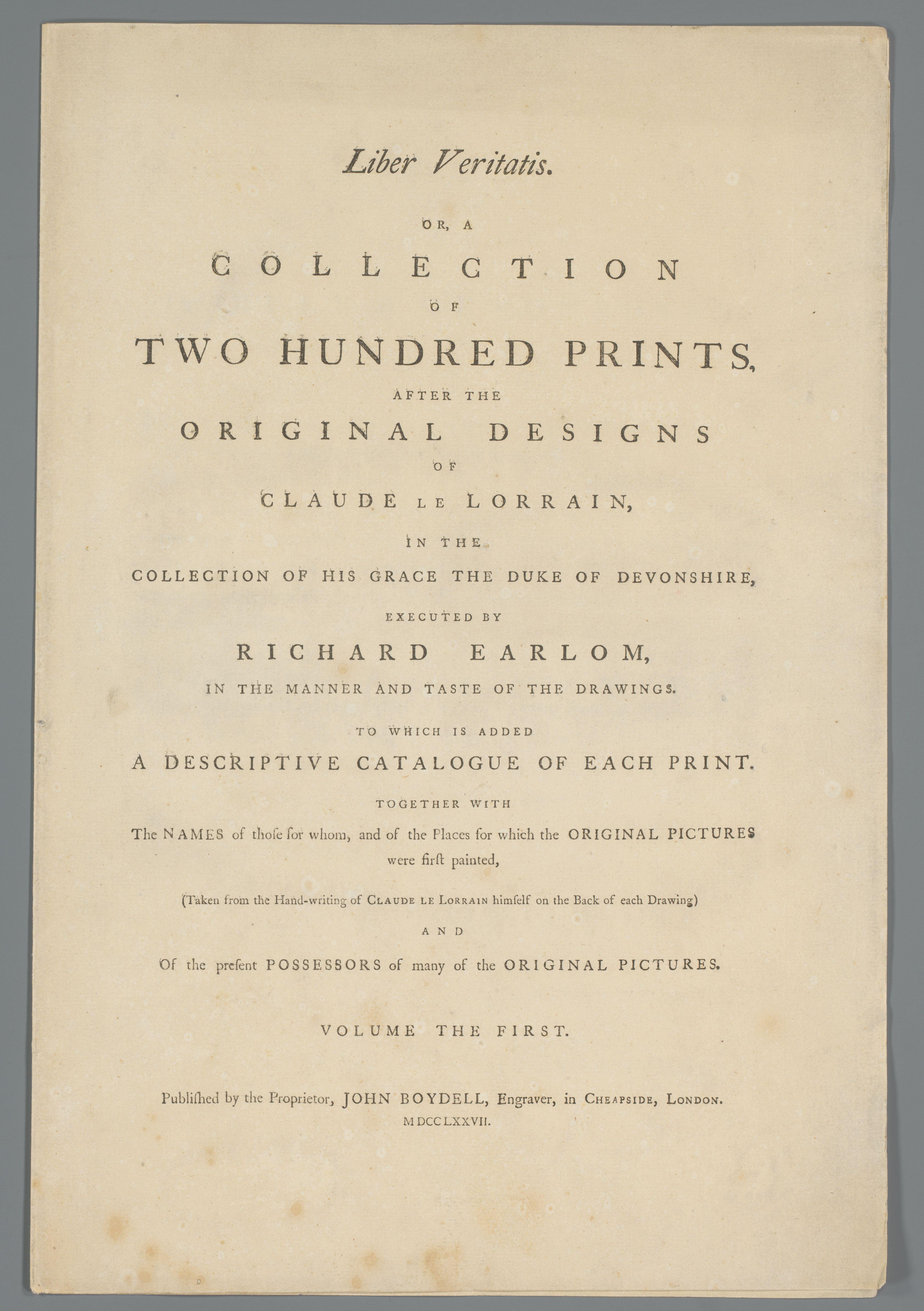 Titelpagina voor: Richard Earlom, Liber Veritatis. Or a Collection of Two Hundred Prints, after the original designs of Claude le Lorrain (...), 1777