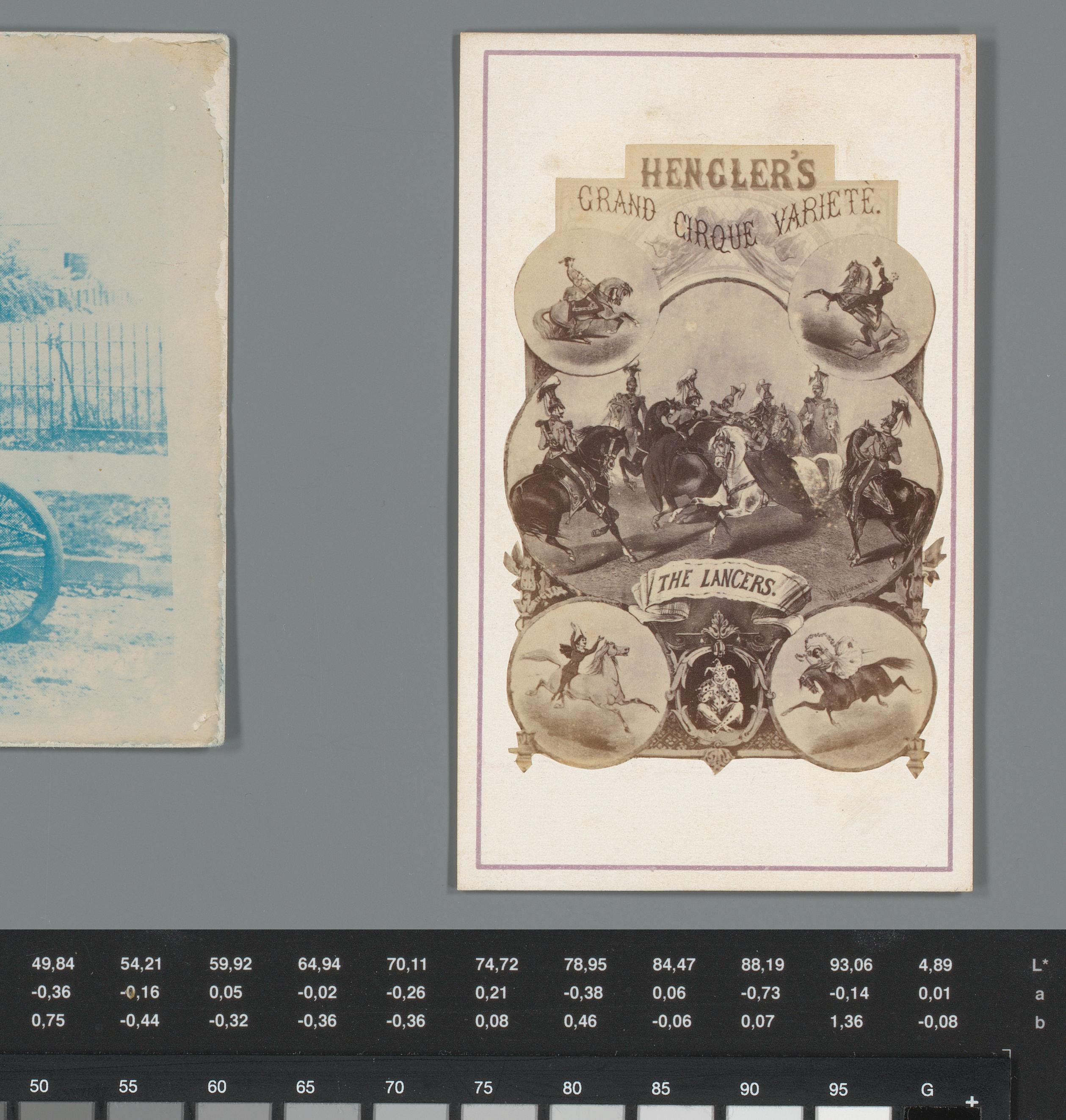 Fotoreproductie van een prent met paardenacts van The Lancers uit Hengler's Grand Circus Varieté