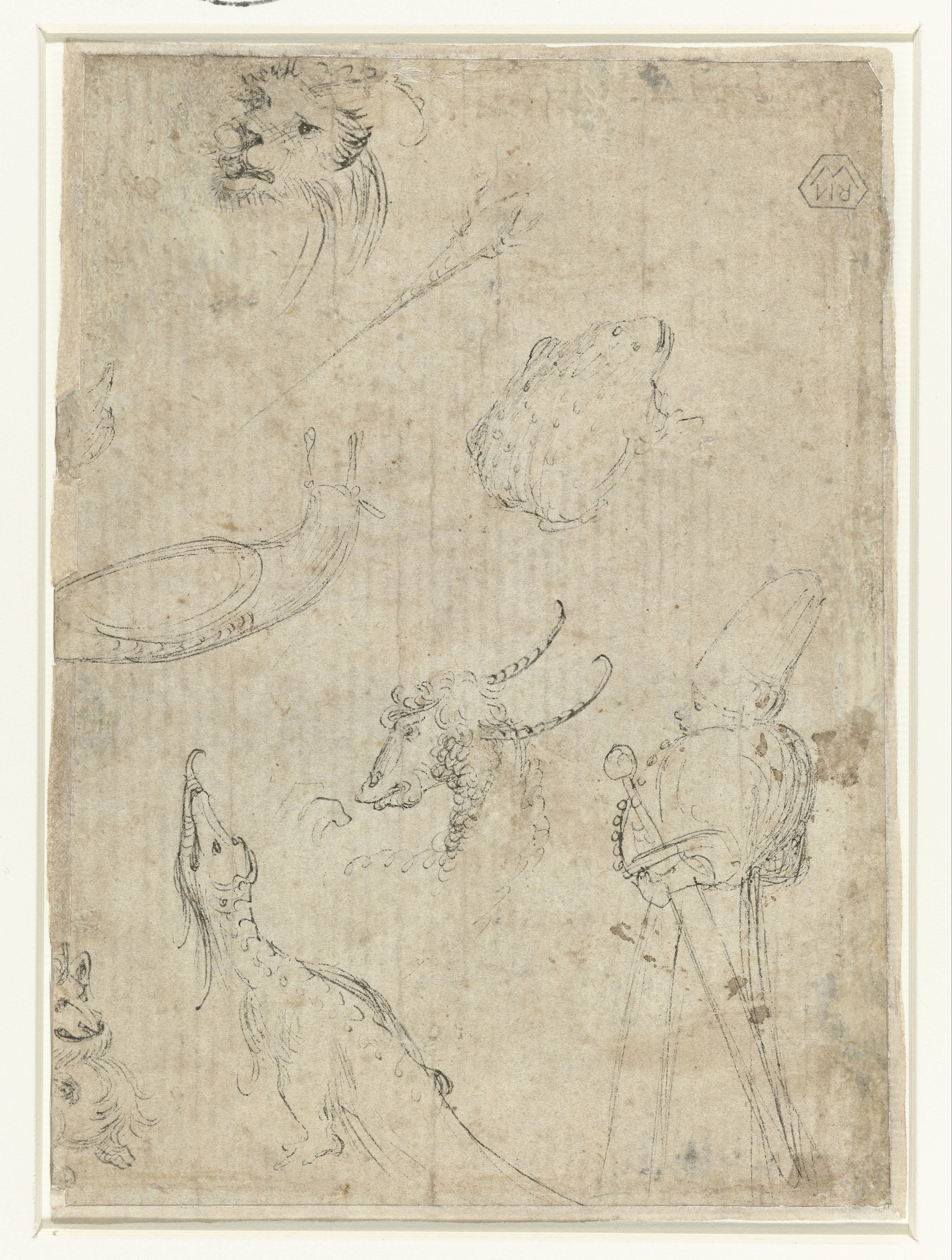 Blad met verscheidene monsters, een figuur, slak en pad