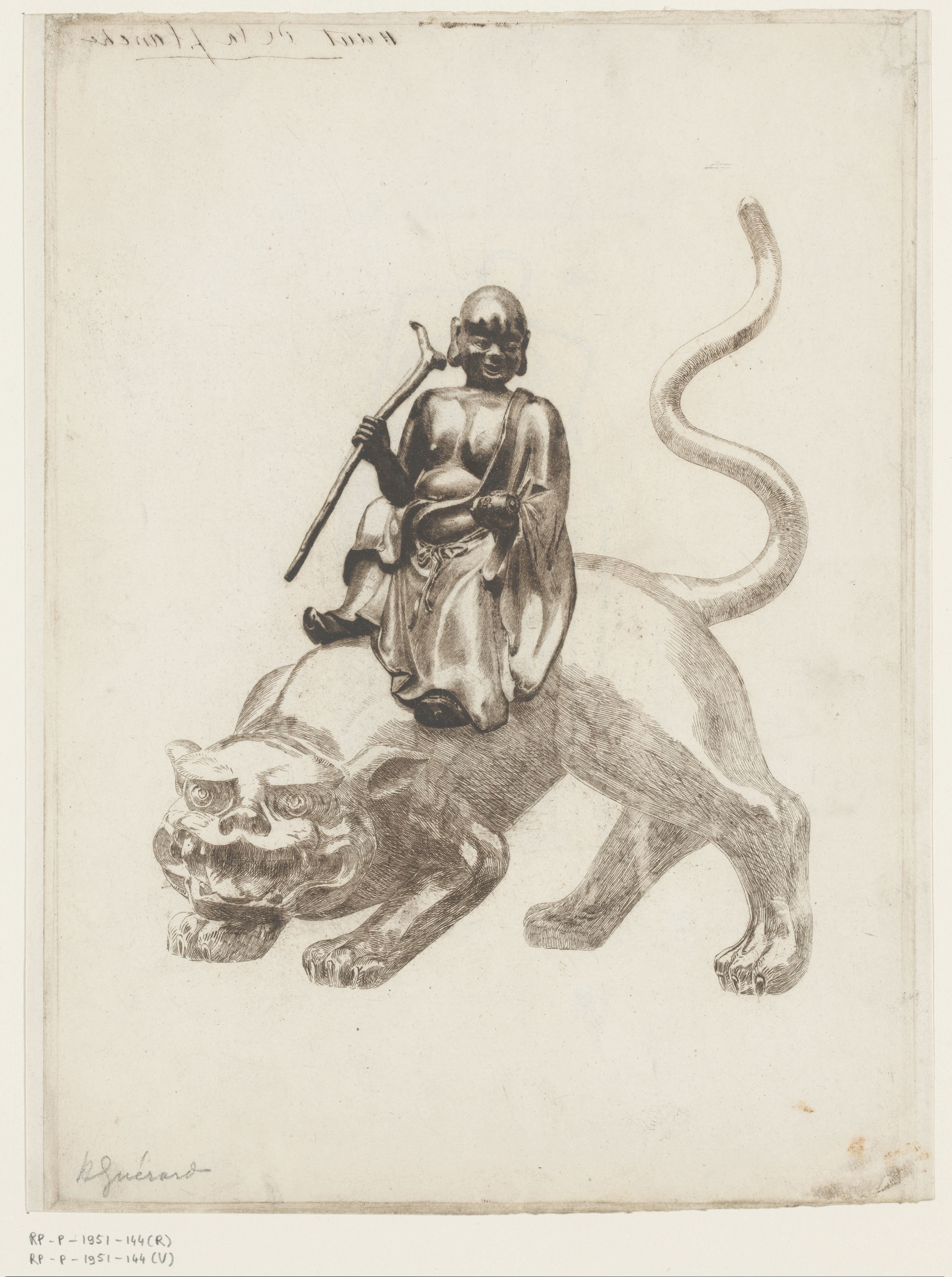 Bronzen beeld van een Japanse god (Sennin) op een leeuw