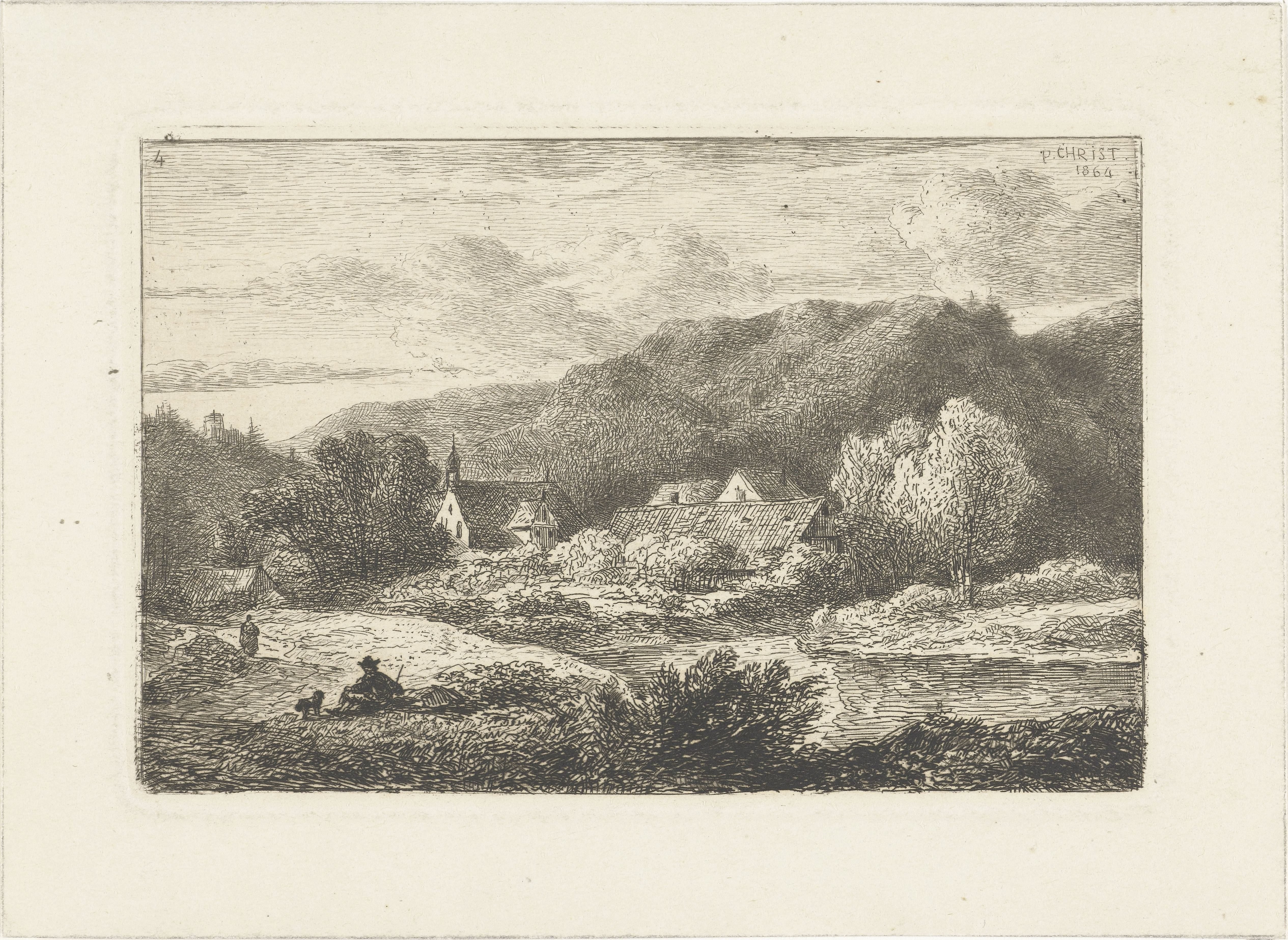 Heuvellandschap met kerkje en huizen