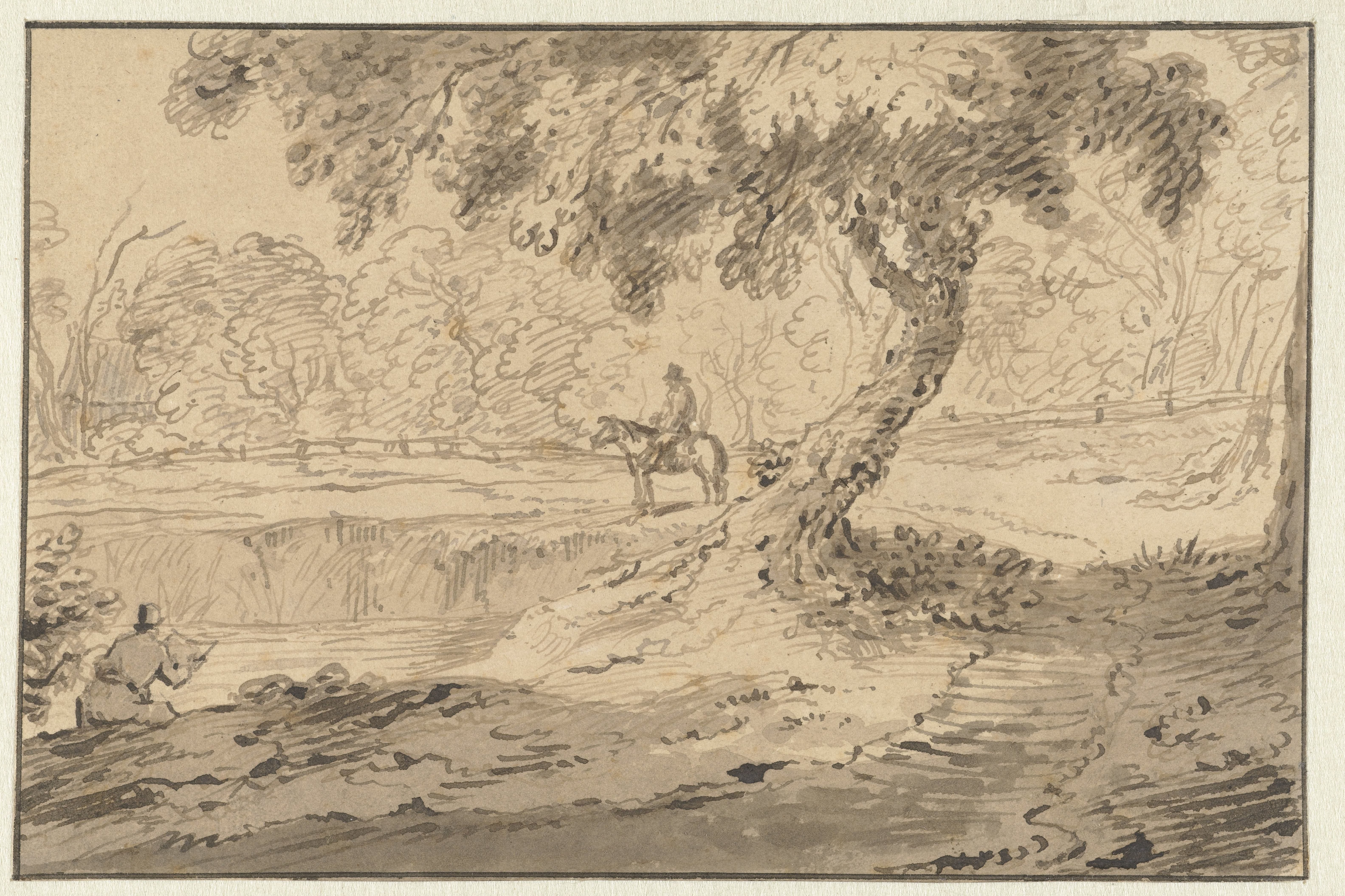 Boslandschap met ruiter en tekenaar