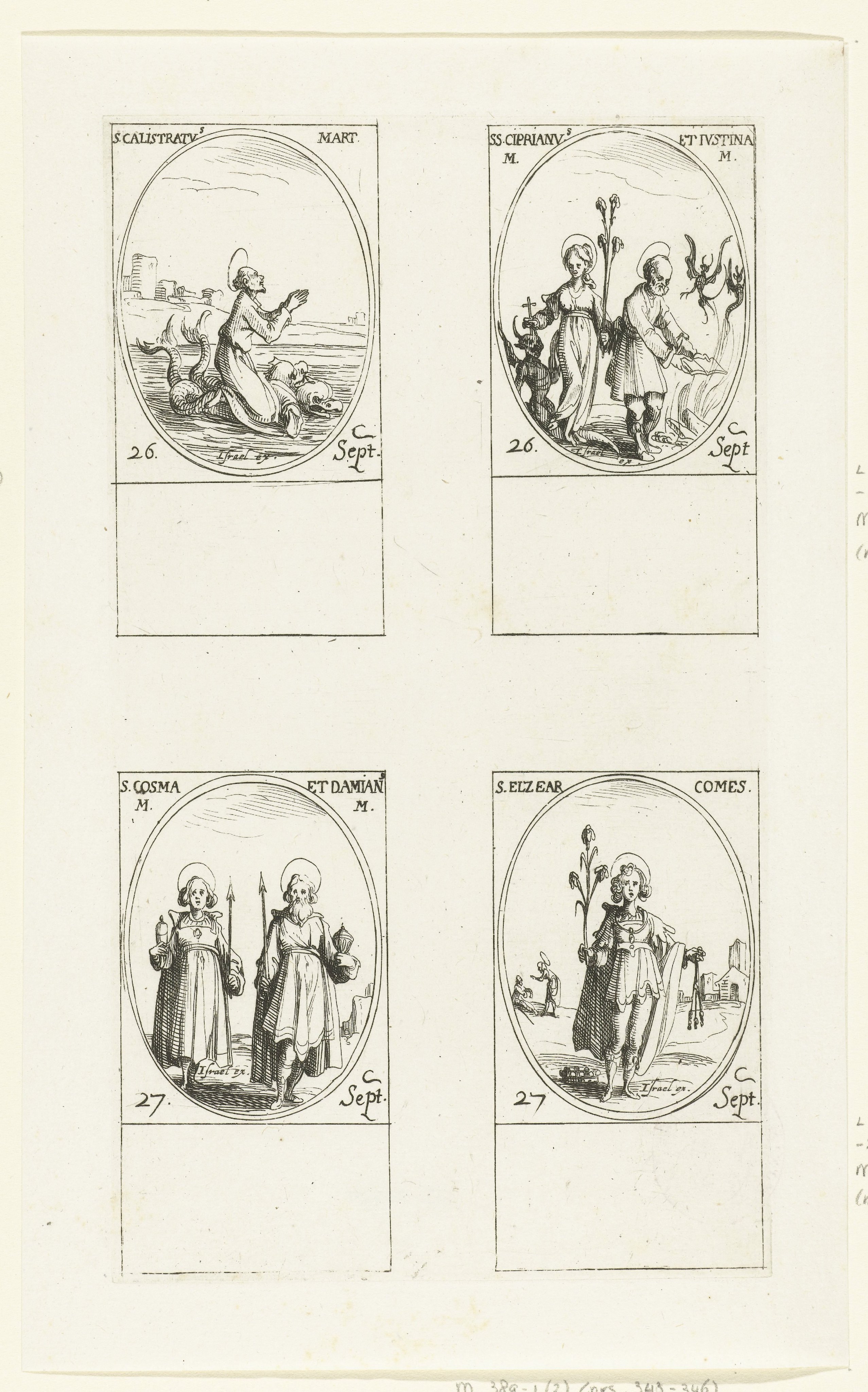 Heilige Callistratus, Heilige Cyprianus van Antiochië en Heilige Justina van Nicomedië, Heilige Cosmas en Heilige Damianus, Heilige Eleazar van Sabran (26-27 september)