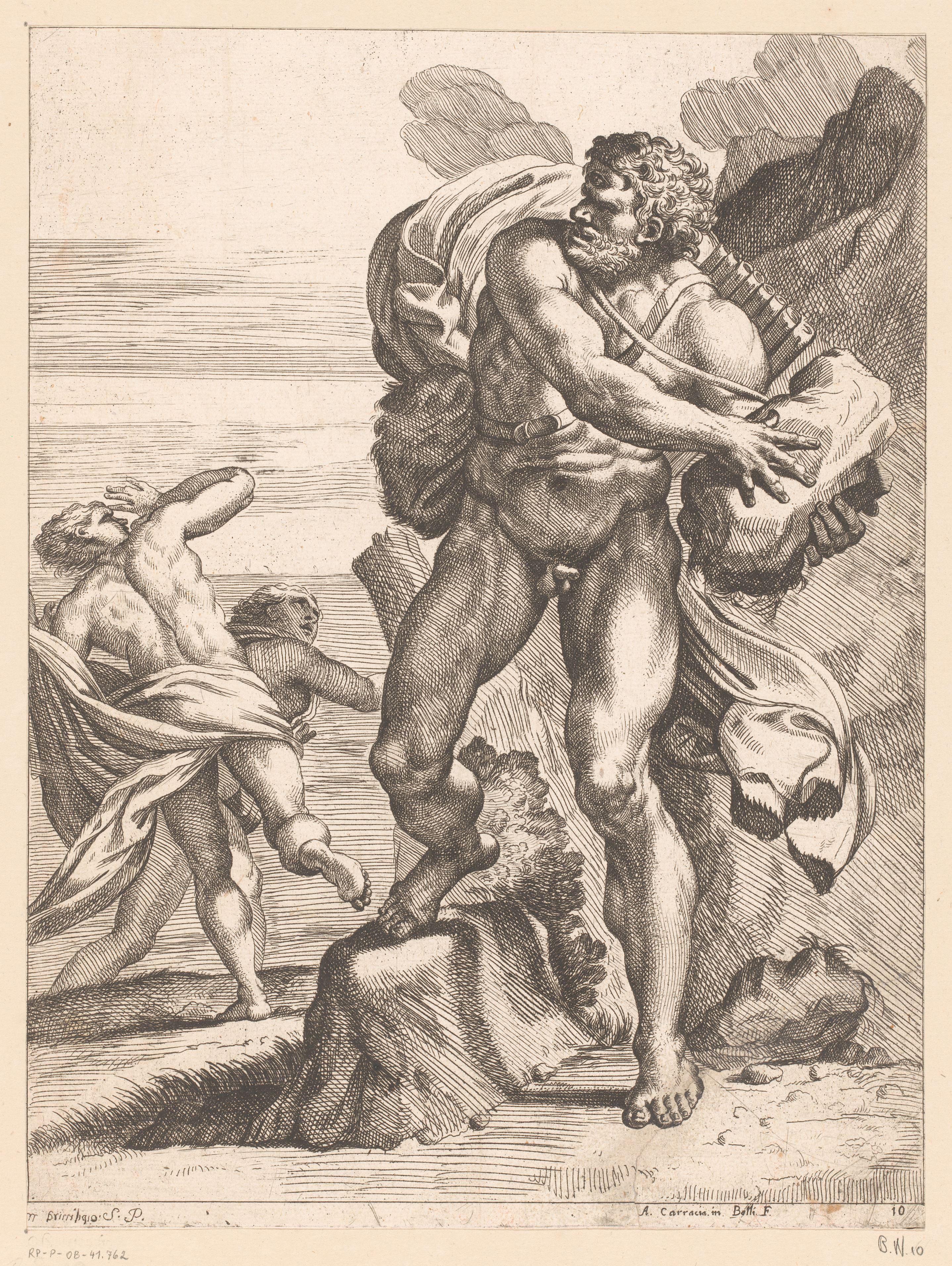 Polyphemus gooit een steen naar de vluchtende Acis en Galathea